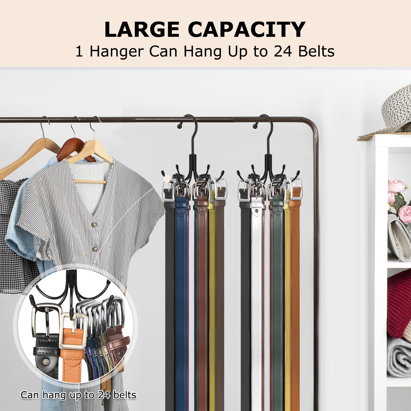 Belt Hanger, Homebros Black 360 Rotatable Metal Belt Rack Organizer For Closet Space Saving Belt Hooks Maximum 24 Storage Capaci