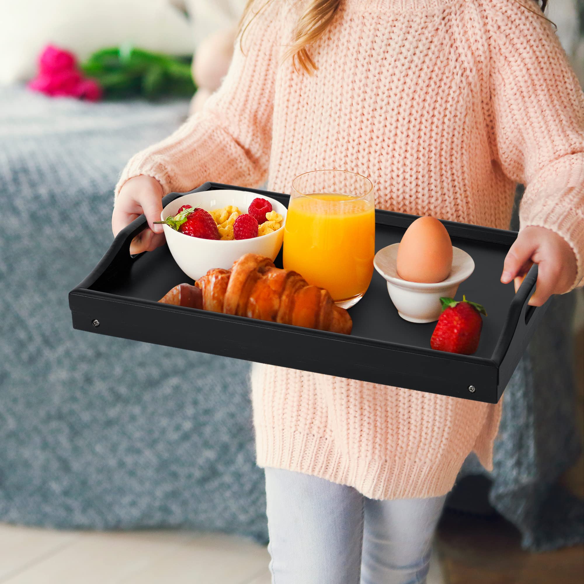 Mayyol Breakfast Bed Tray For Eating - Height Adjustable Raised Food Table - Bamboo Serving Tray On Lap Sofa - Portable Snack Pl