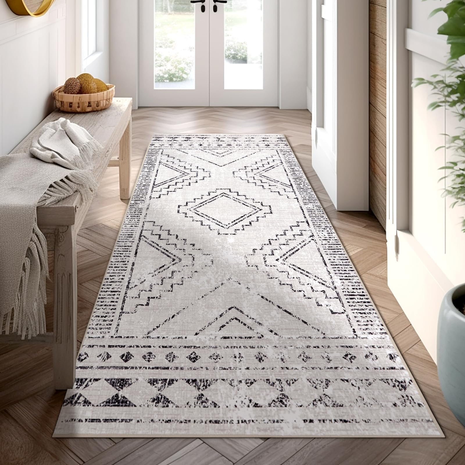 ILANGO Moroccan Runner Rugs for Hallway 25x6 Machine Washable Area Rugs with Rubber Backing Modern Rugs Non Slip Carpet for Ki