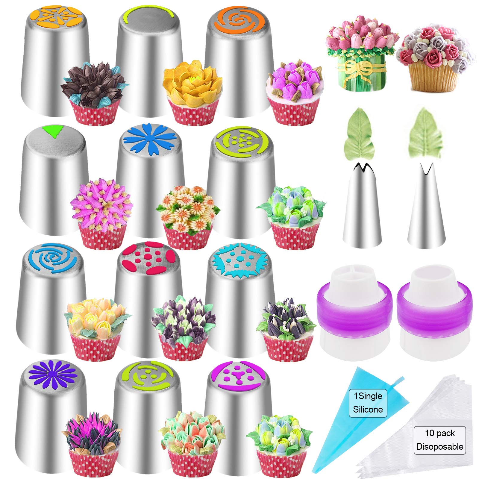 27Pcs Russian Piping Tips Set,Flower Frosting Tips For Cake Cupcake Decorating,12Russian Icing Tips,2Leaf Piping Tips,10Disposab