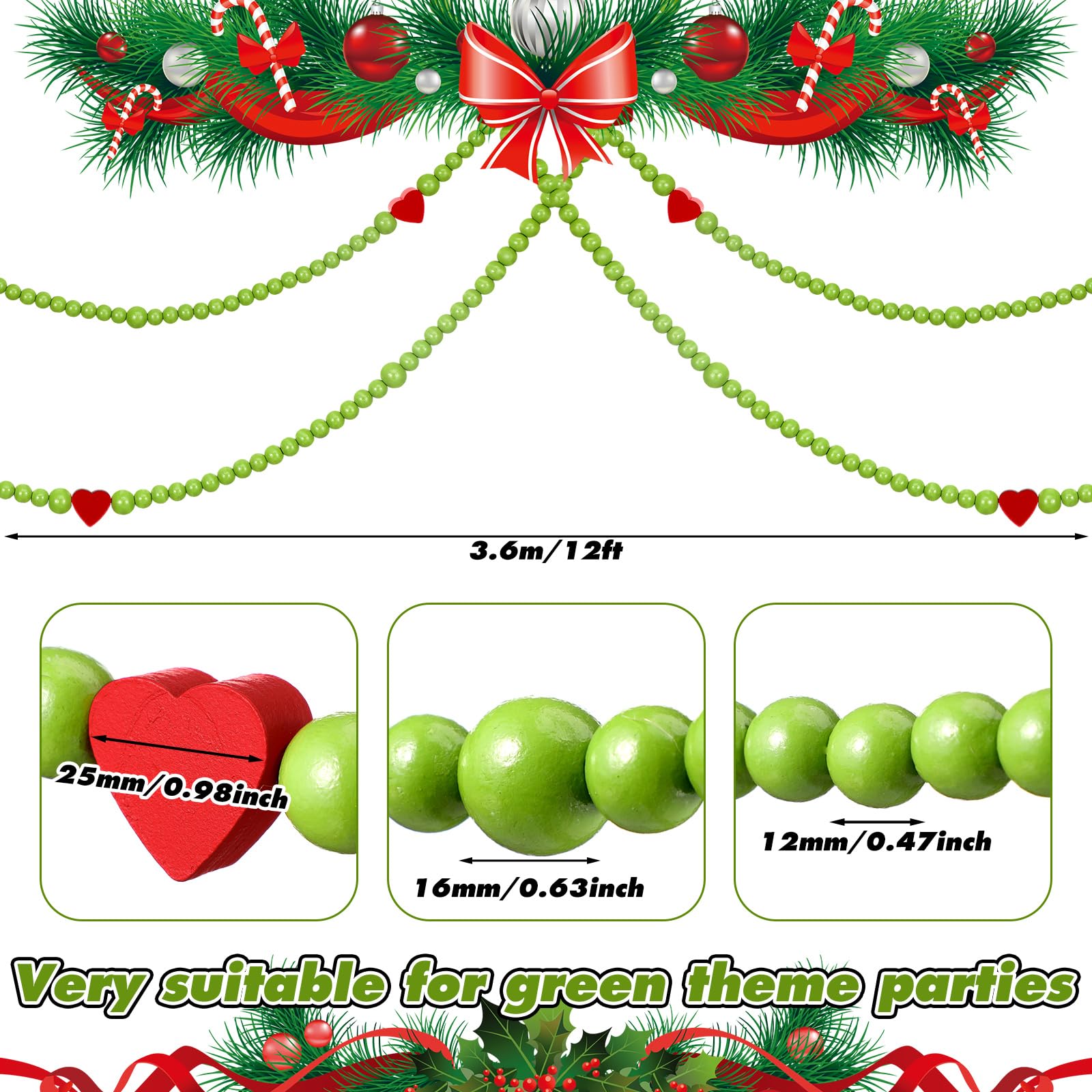 Yalikop 12 ft Christmas Wooden Beads Garland Green Christmas Tree Beads Red Heart Green Geek Decoration for Xmas Tree Home Mante