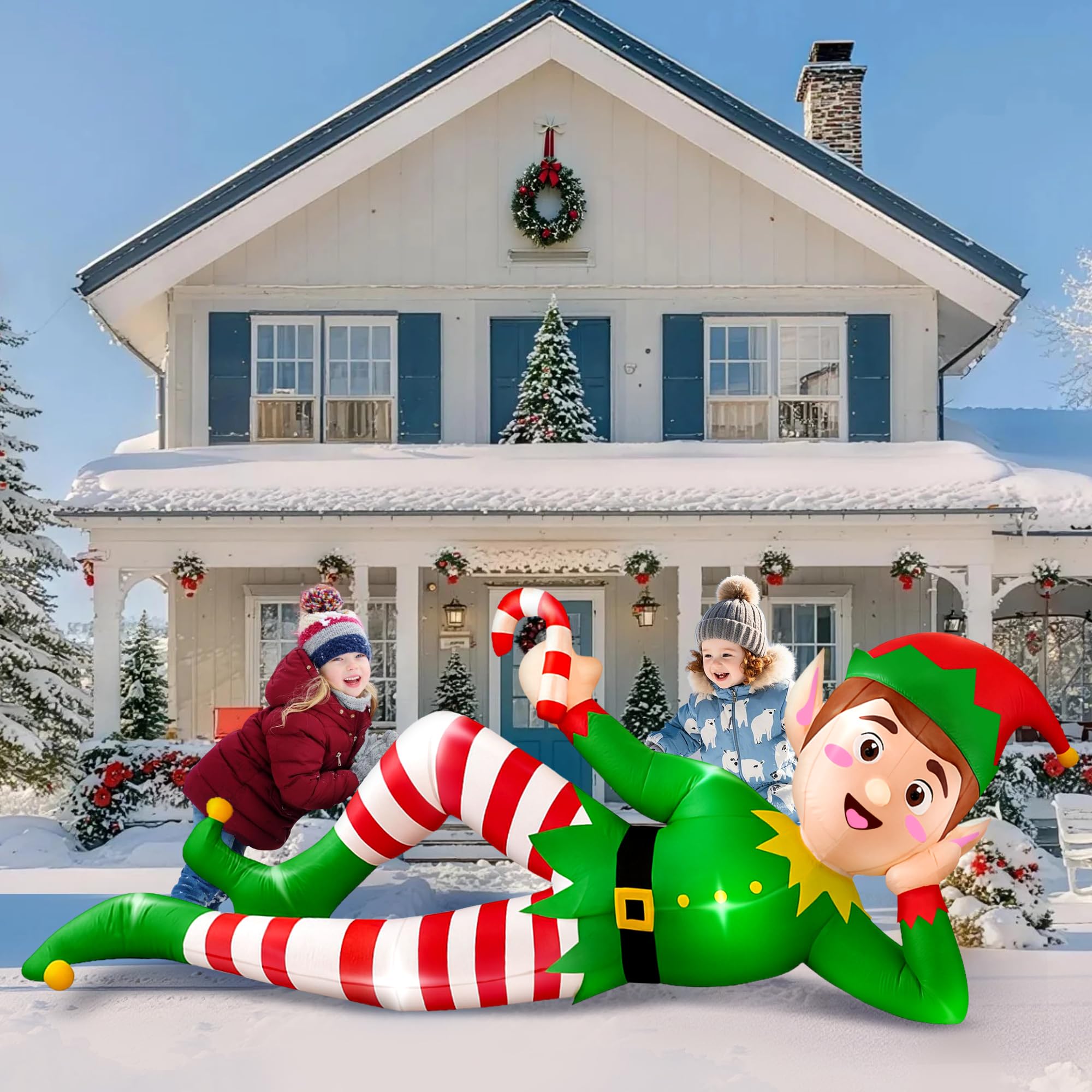 CORALMEE 8FT Christmas Inflatable Outdoor Decoration, Lying Elf Christmas Blow up Yard Decorations with Built-in LED Lights, Gia