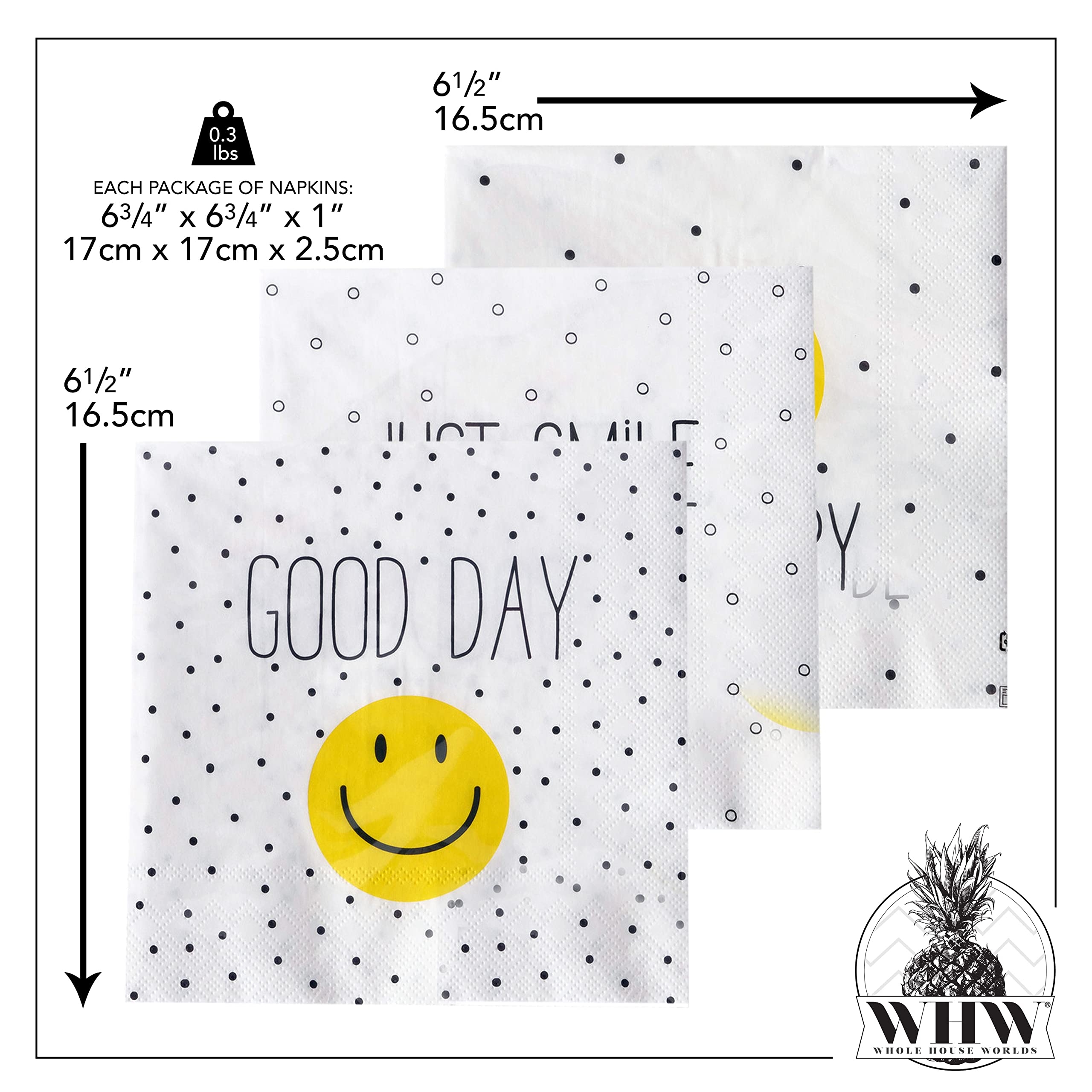 60 Count Smiley Face Party Napkins, 3 Packs Of 20, 3 Ply Paper, Luncheon Size 6.75 X 6.75 Inches, Yellow And Black On White