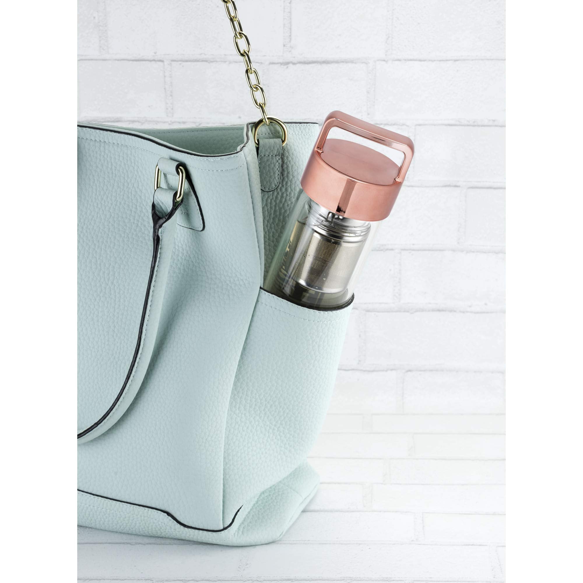 Pinky Up Dylan Travel Tea Infuser Mug, 16 oz Double Walled Insulated, Rose Gold, with Loose Leaf Strainer