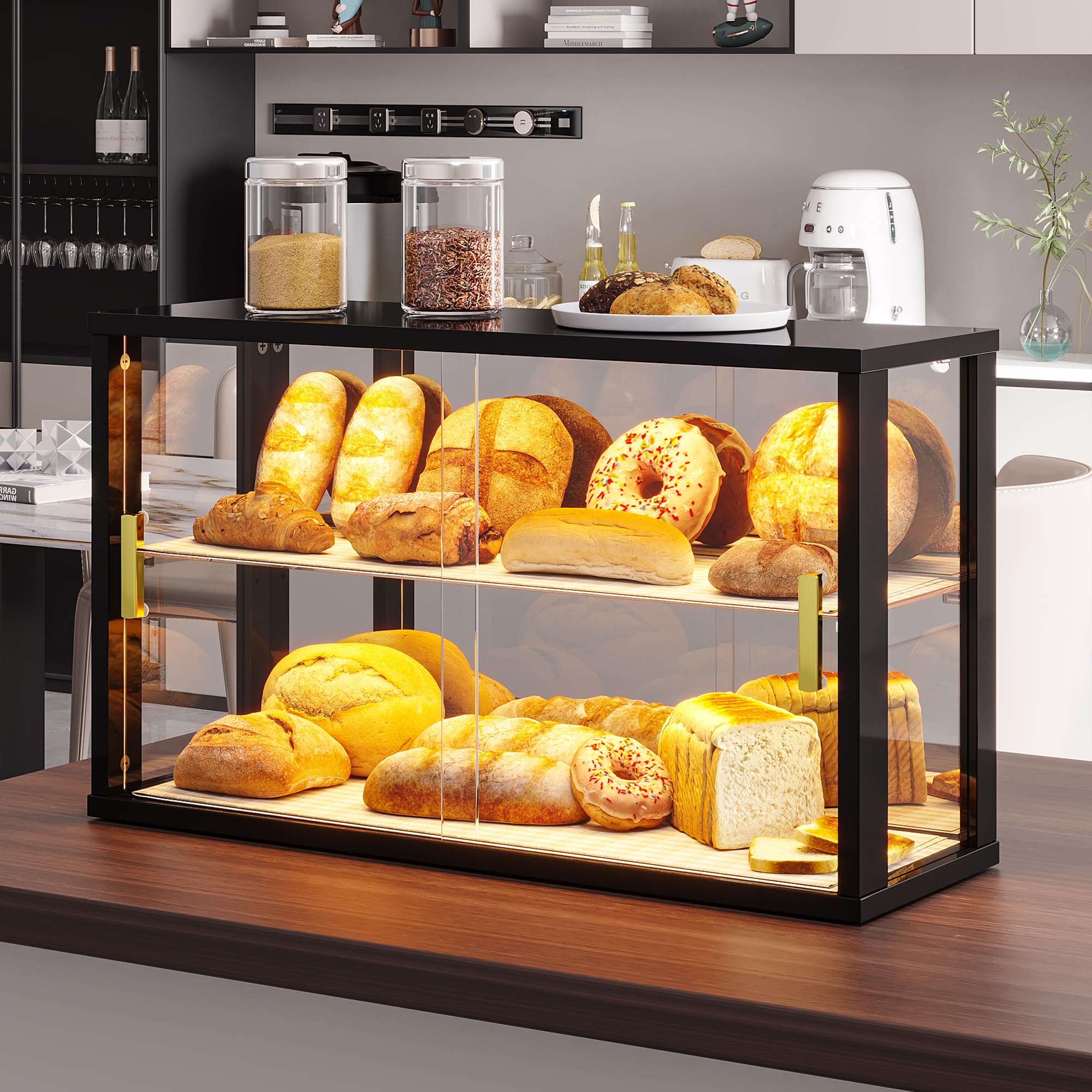 LVSOMT Wooden Bread Box with Glass Doors, 2 Tier Display Case Cabinet Black