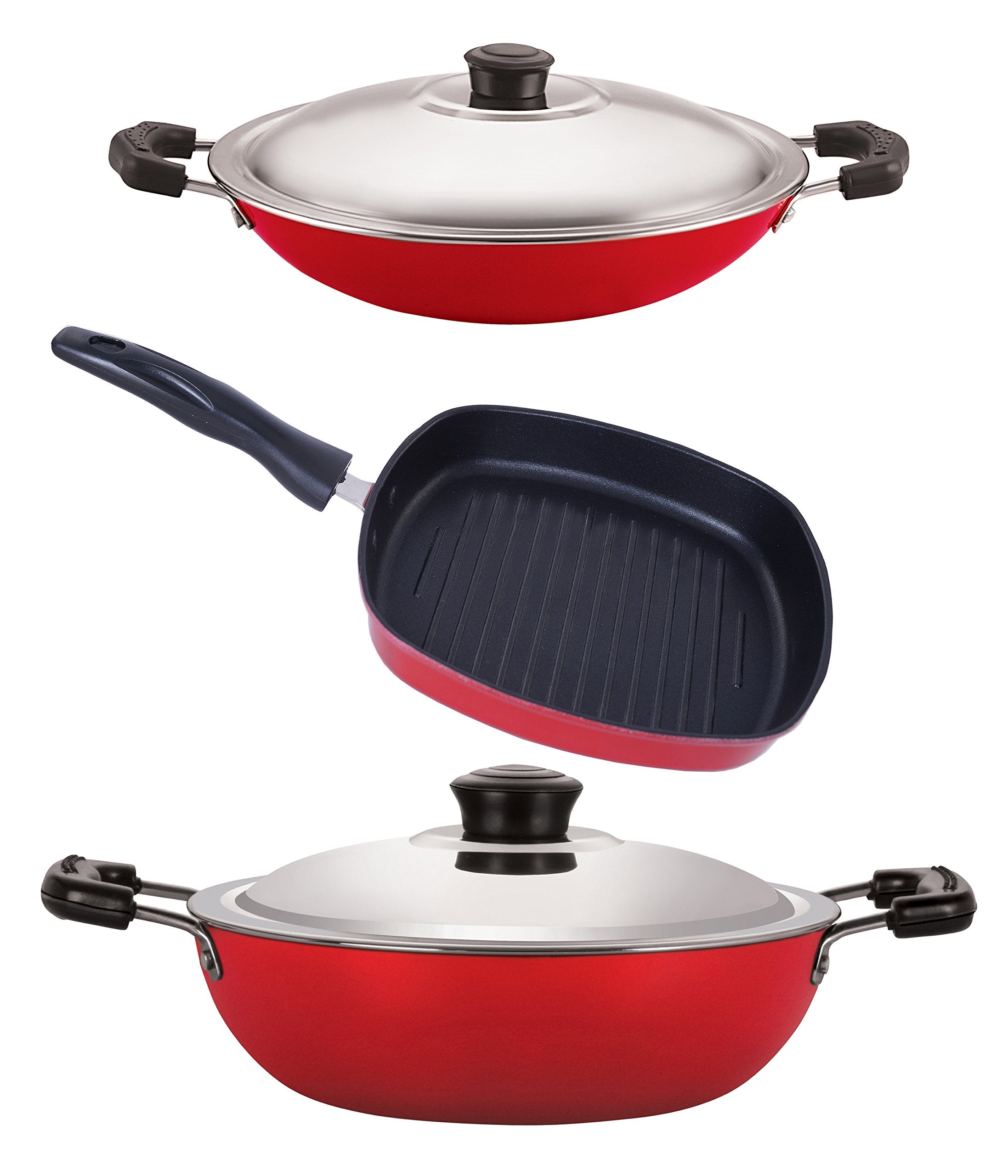 Nirlon Heat Resistance NonStick Aluminium Cookware Kitchen Combo Set Offer With Red And Black Color, 2.6Mm_Dkd(B)_Ac_Gp(22.5)