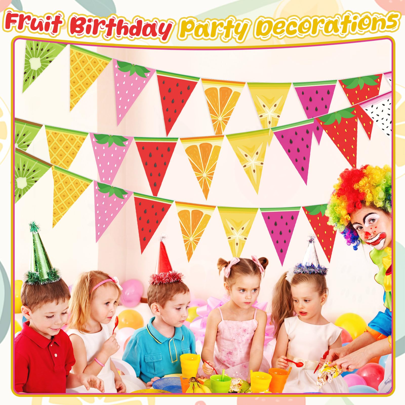 Gersoniel 5 Pieces Fruit Party Decorations Tropical Fruit Pennant Banner Bunting Pre-Strung Paper Triangle Flags Twotti Frutti T