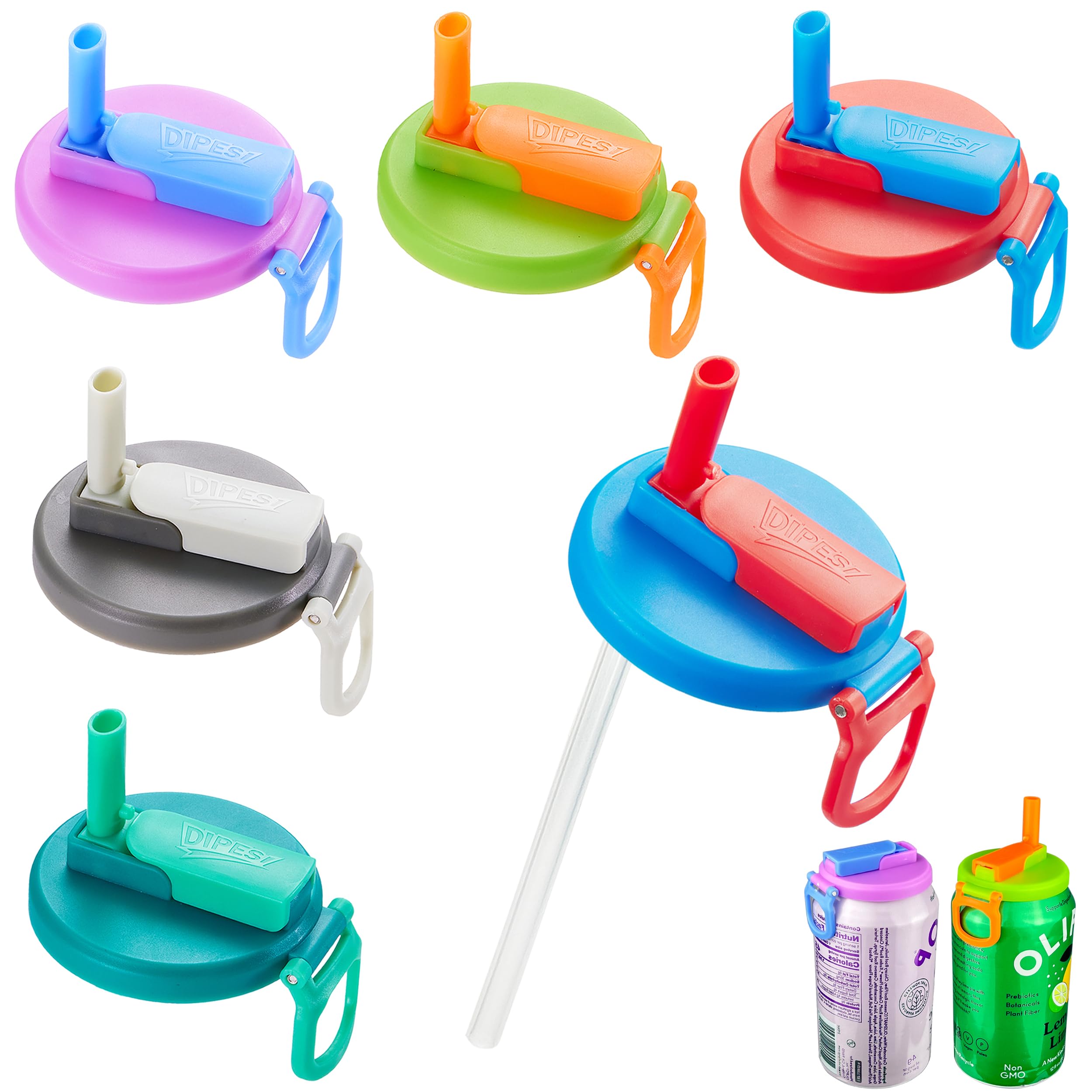 6 Pack 6 Color Soda Can Lids With Straws, Reusable Silicone Straws Soda Can Covers, Bpa-Free,Airtight Seal, Easy To Use, Prevent