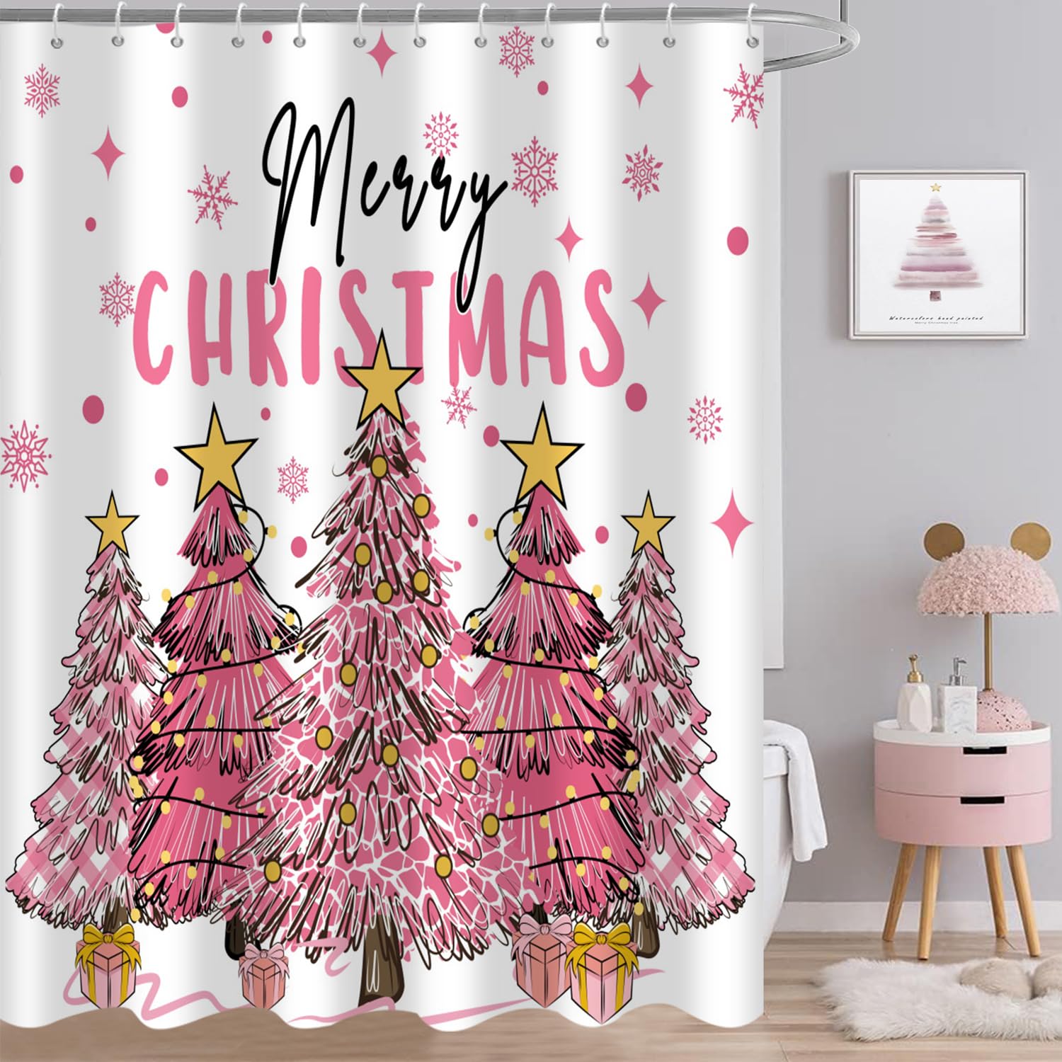 Caheansi Merry Christmas Shower Curtain, Pink Buffalo Check Plaid Xmas Tree Winter New Year Holiday Bathroom Curtain Waterproof