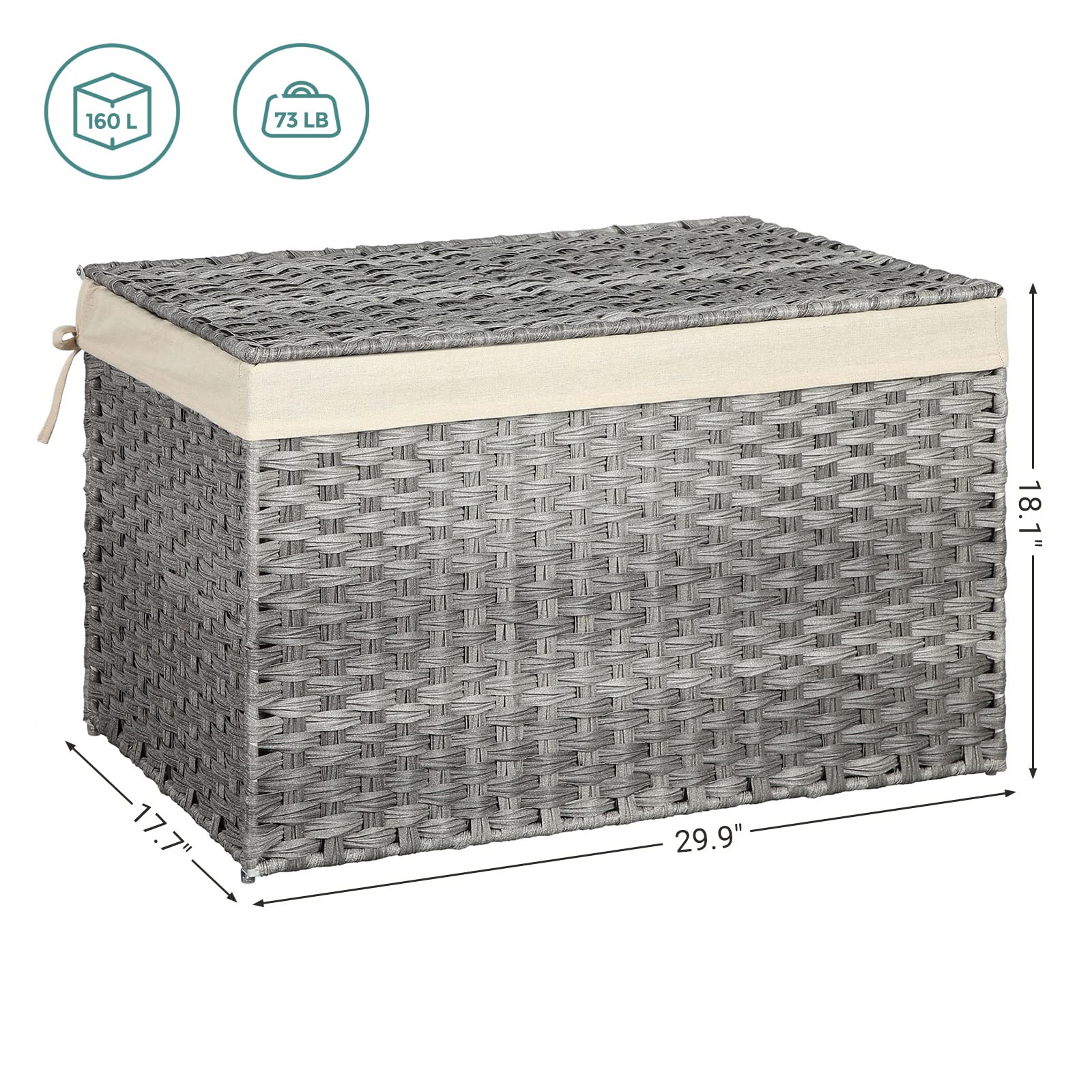 Songmics Storage Basket With Lid, 42.3 Gallon (160L) Storage Bin, Woven Blanket Storage Basket With Handles, Foldable, Removable