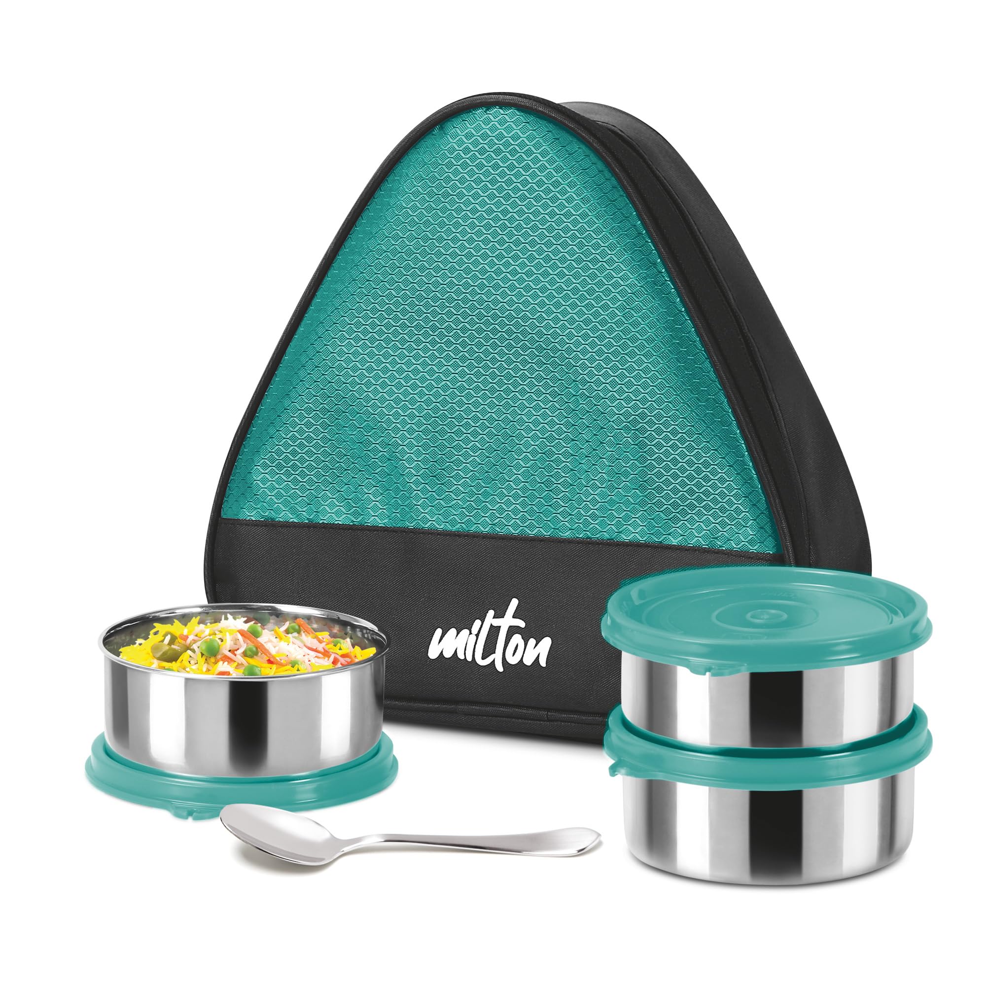 Milton Trident Stainless Steel Lunch Box (3 Leak Proof Round Containers, 320 Ml Each, 1 Spoon) With Insulated Jacket, Aqua Green