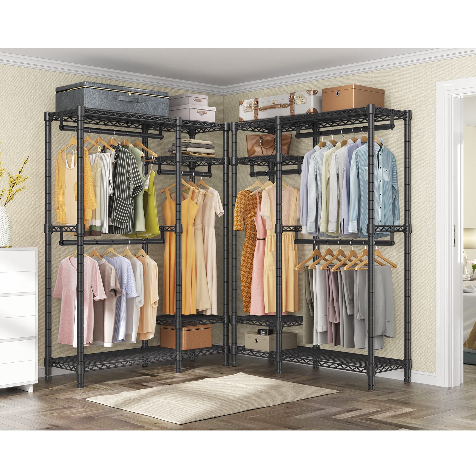 VIPEK V2S Garment Rack Heavy Duty Commercial Grade Clothes Rack  4 Tiers Adjustable Wire Shelving Clothing Racks with 3 Hanging Rods  Freestanding Closet Metal Wardrobe Closet  Max Load 650LBS  Black