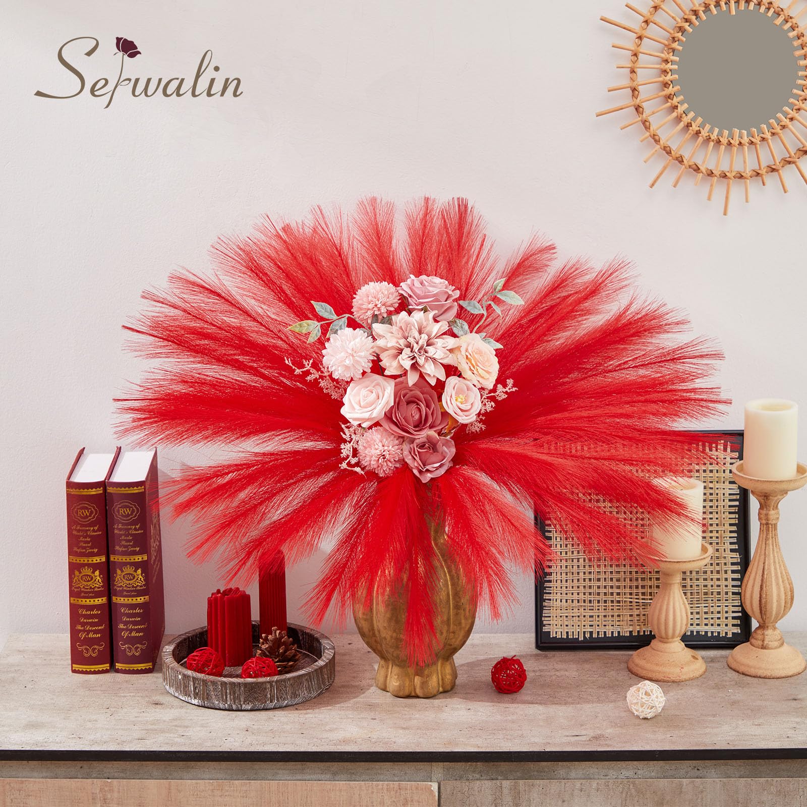 Serwalin 60Pcs Red Pampas Grass Decor, 17.7 Faux Pampas Grass, Artificial Short Pompas Grass Fluffy Plant Vase Filler Boho Decor