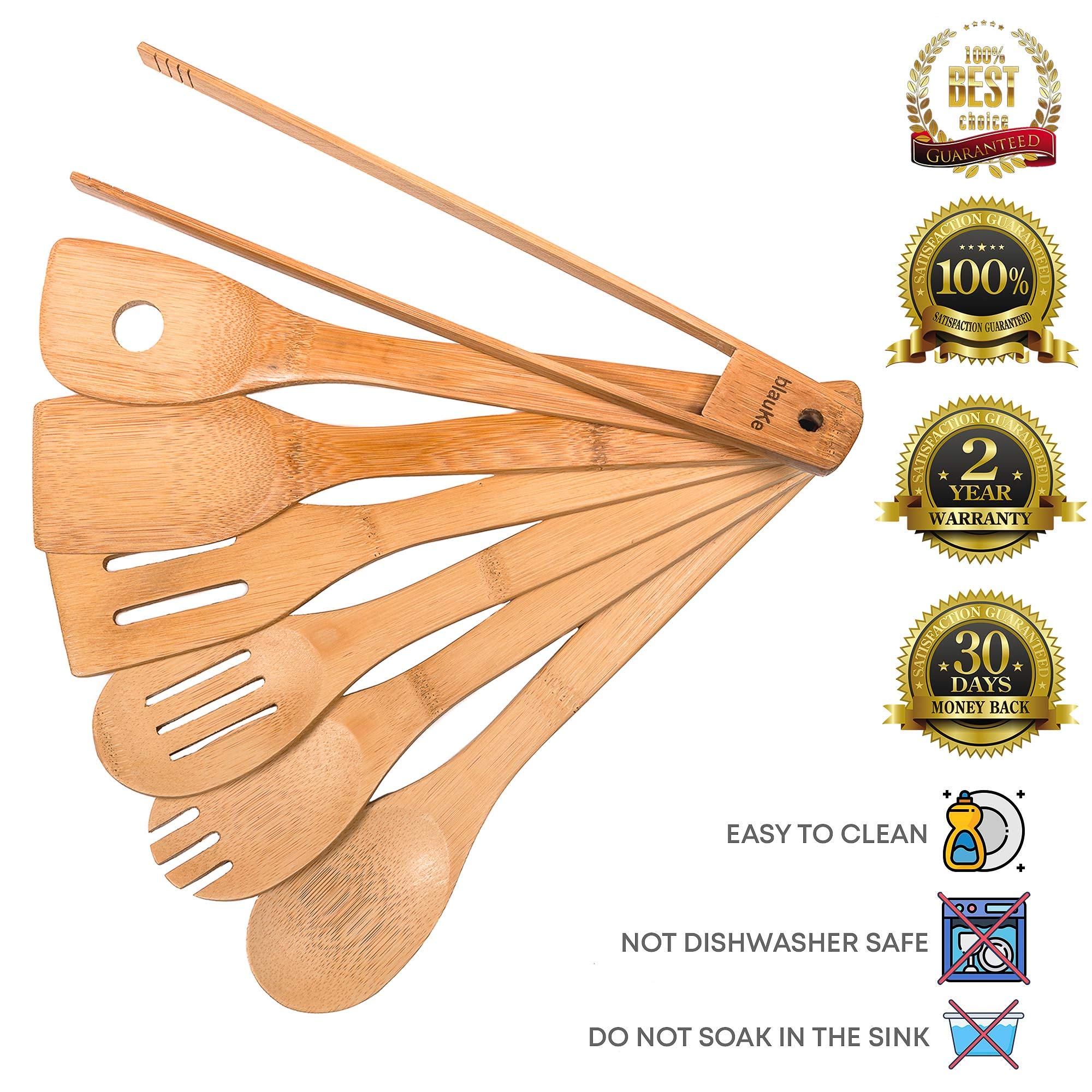 Wooden Spoons for Cooking 7-Pack - Bamboo Kitchen Utensils Set for Nonstick Cookware - Wooden Cooking Utensils Set  Wood Spatula Spoon Tongs