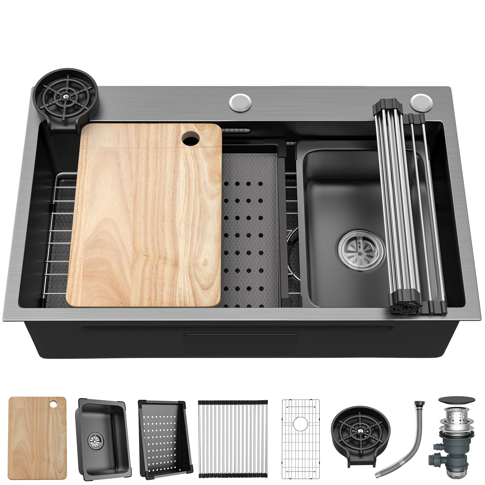 Yitahome 32In Black Kitchen Sink Drop In Sink Workstation, Top Mount Stainless Steel Nano Sink W/Cup Washer, Cutting Board, Hand