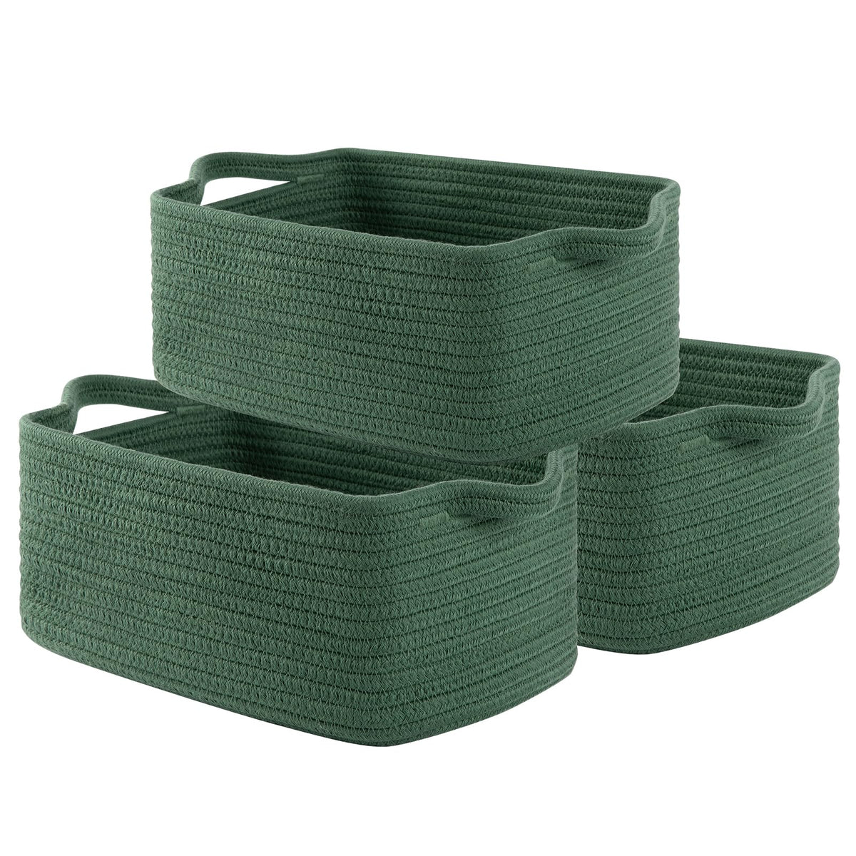 Oiahomy Cotton Rope Woven Baskets For Storage, Nursery Rectangle Storage Basket With Handles For Shelves, Pack Of 3, Green