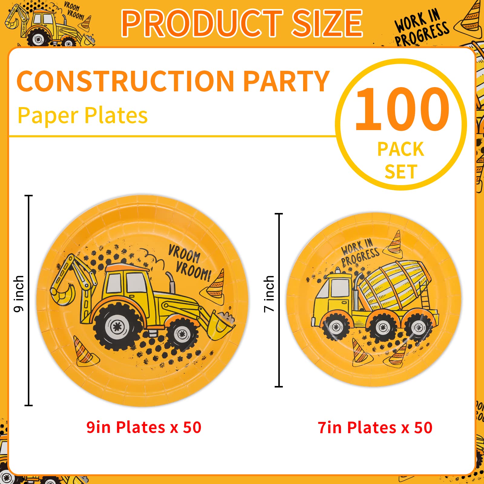 Dylives 100 Pack Construction Birthday Party Plates, Construction Theme Tableware Dump Truck Party Supplies For Appetizer, Dinne