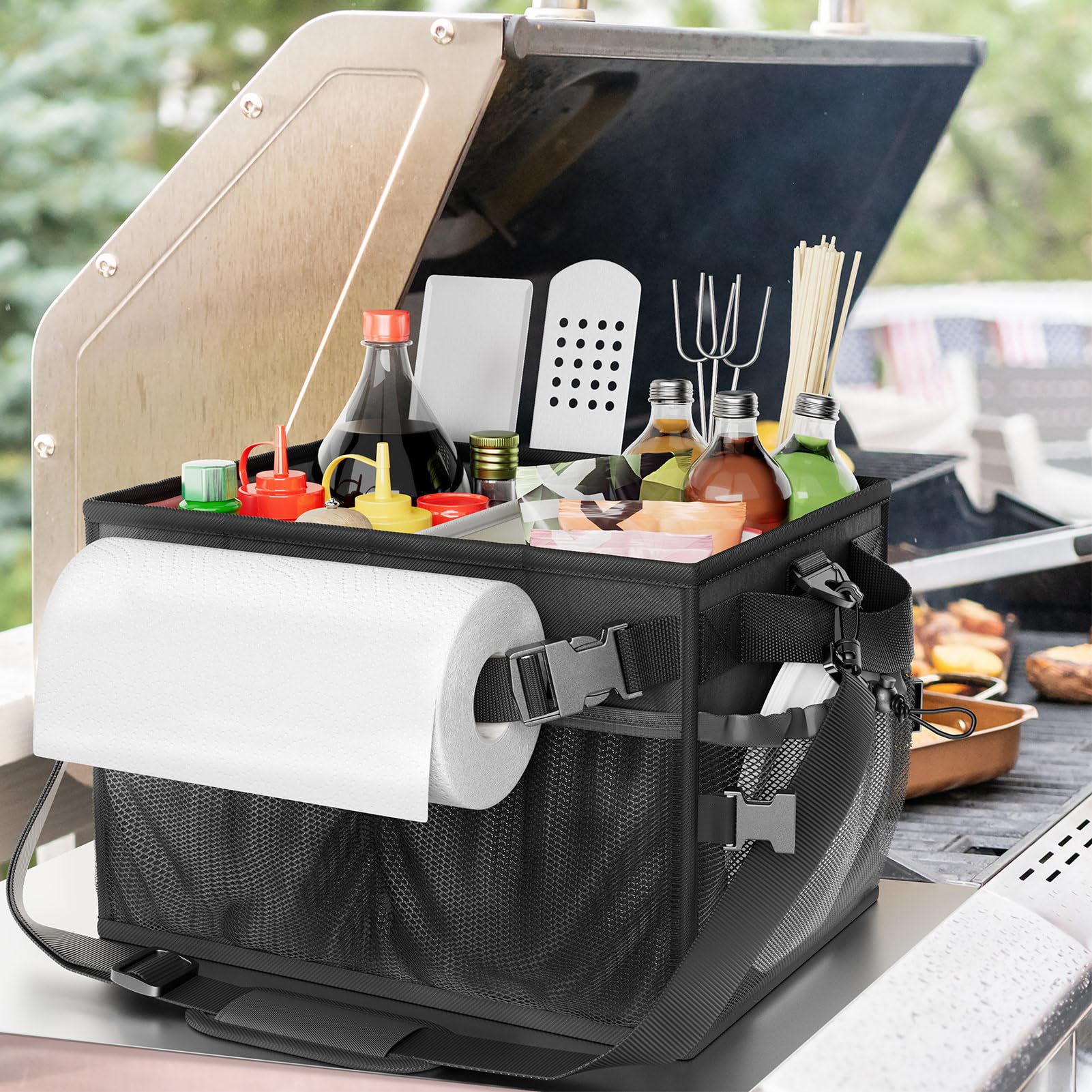 Fangsun Grill Caddy, Bbq Caddy With Paper Towel Holder, Picnic Griddle Caddy For Outdoor Camping, Barbecue Accessories Storage O