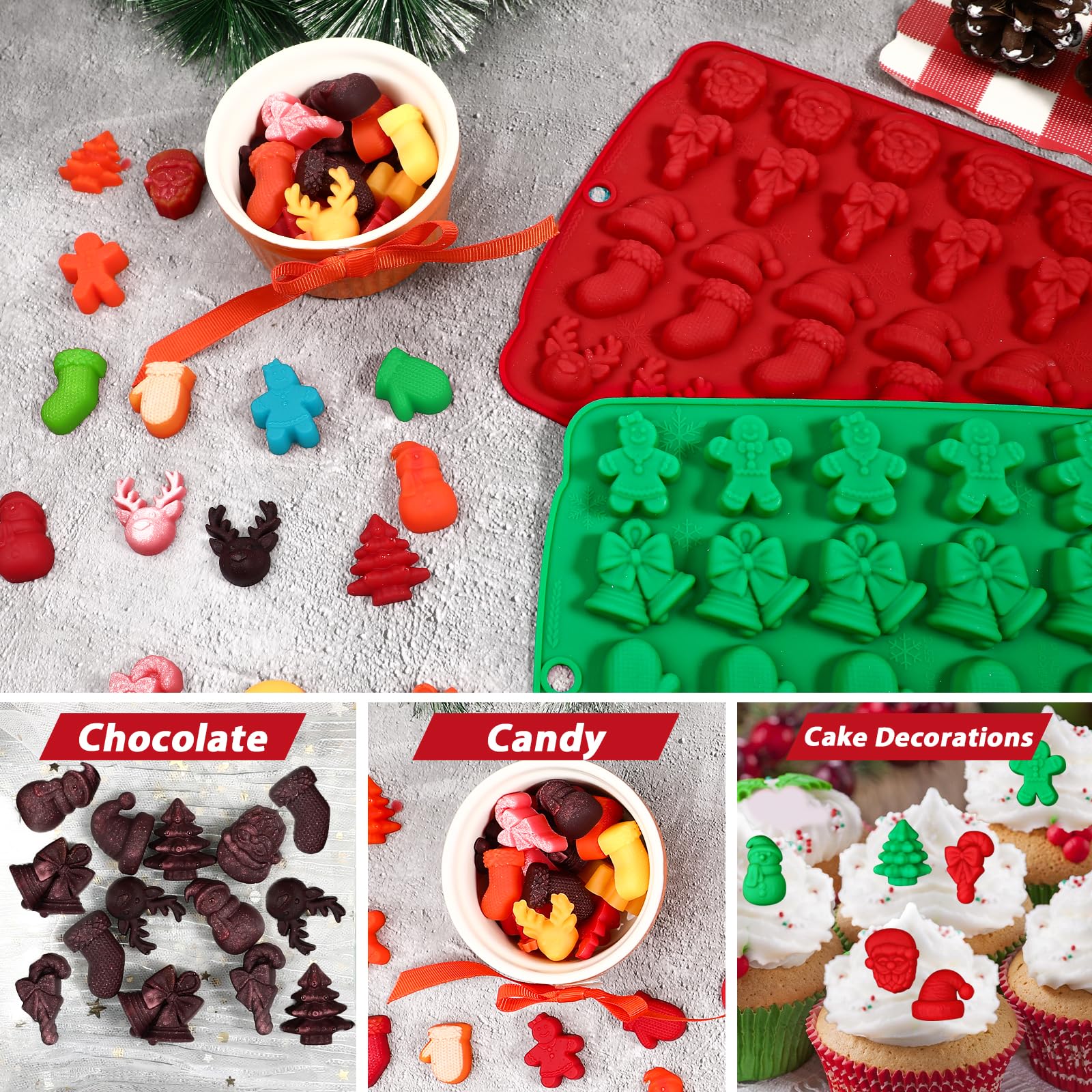 Kamehame Christmas Candy Molds, 2 Pcs 30 Cavity Christmas Gummy Molds, Silicone Christmas Chocolate Molds, Red & Green