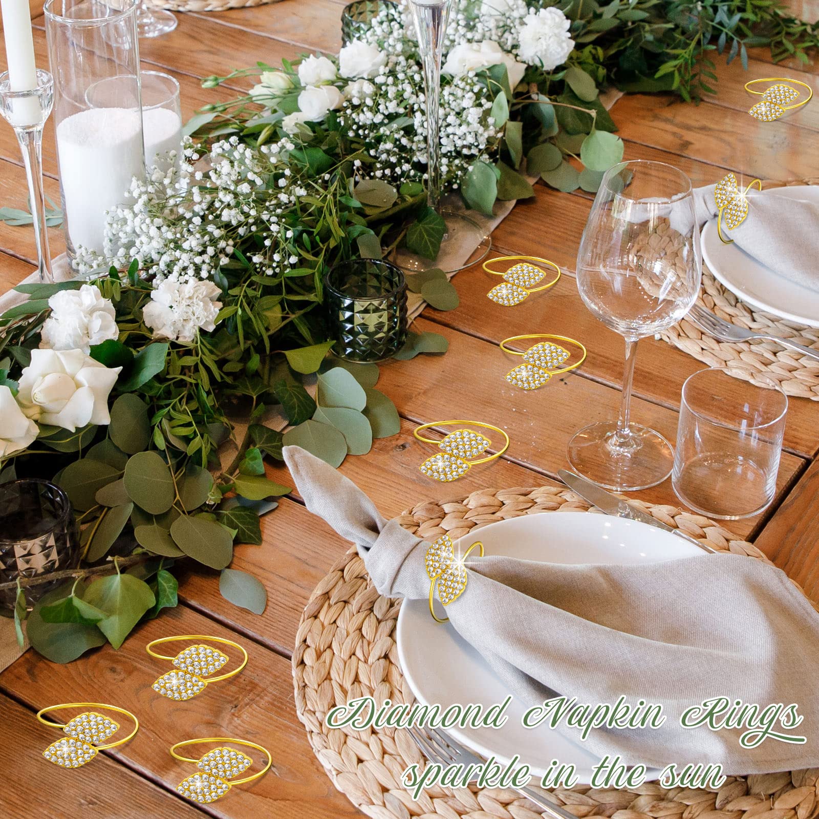 Hotop 72 Pcs Napkin Rings Gold Table Decorations, Elegant Bling Leaves Napkin Rings, Rhinestone Guest Towels Buckle for Wedding