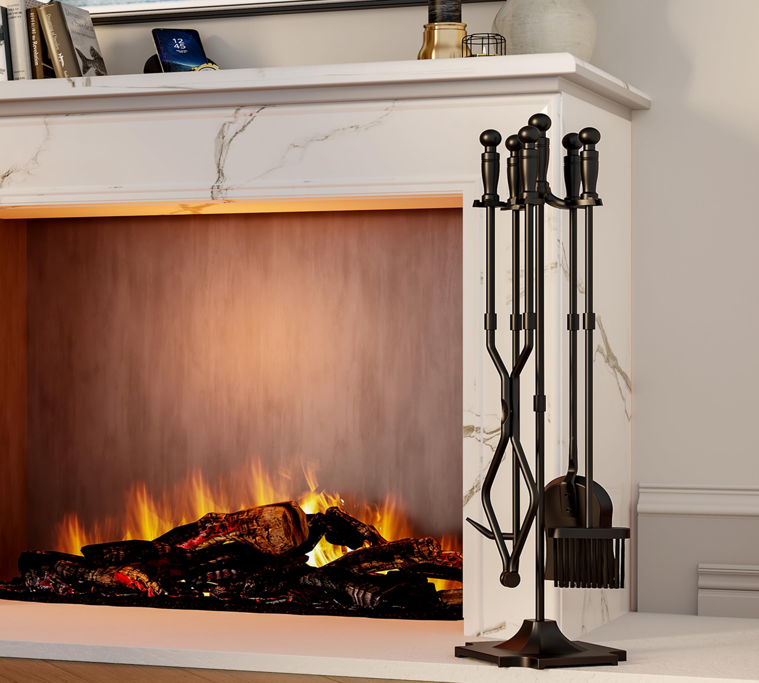Fire Beauty Fireplace Tools, 5 Pieces Fireside Accessories Fire Kit Set,Woodstove Tools Holder Wrought Iron Handle Indoor Firese