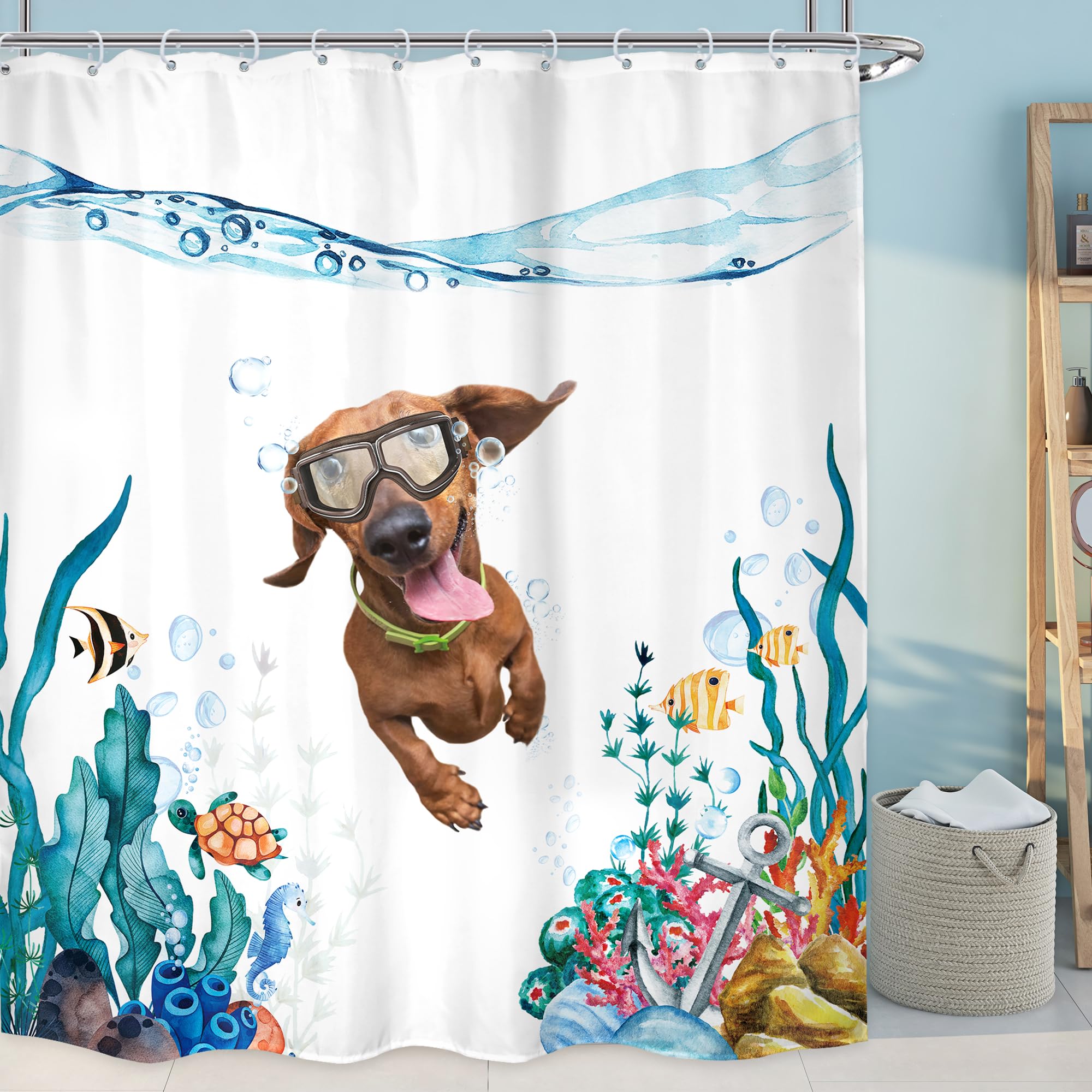 Lghtyro Funny Dog Kids Dachshund Shower Curtain Bathroom Set 71Wx84H Inches Extra Long Teal Blue Sea Ocean Nautical Cute Underwa