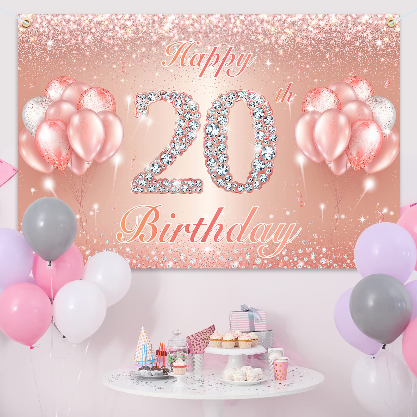 Happy 20Th Birthday Banner Backdrop - 20 Birthday Party Decorations Supplies For Women Or Men - Rose Gold 4 X 6Ft