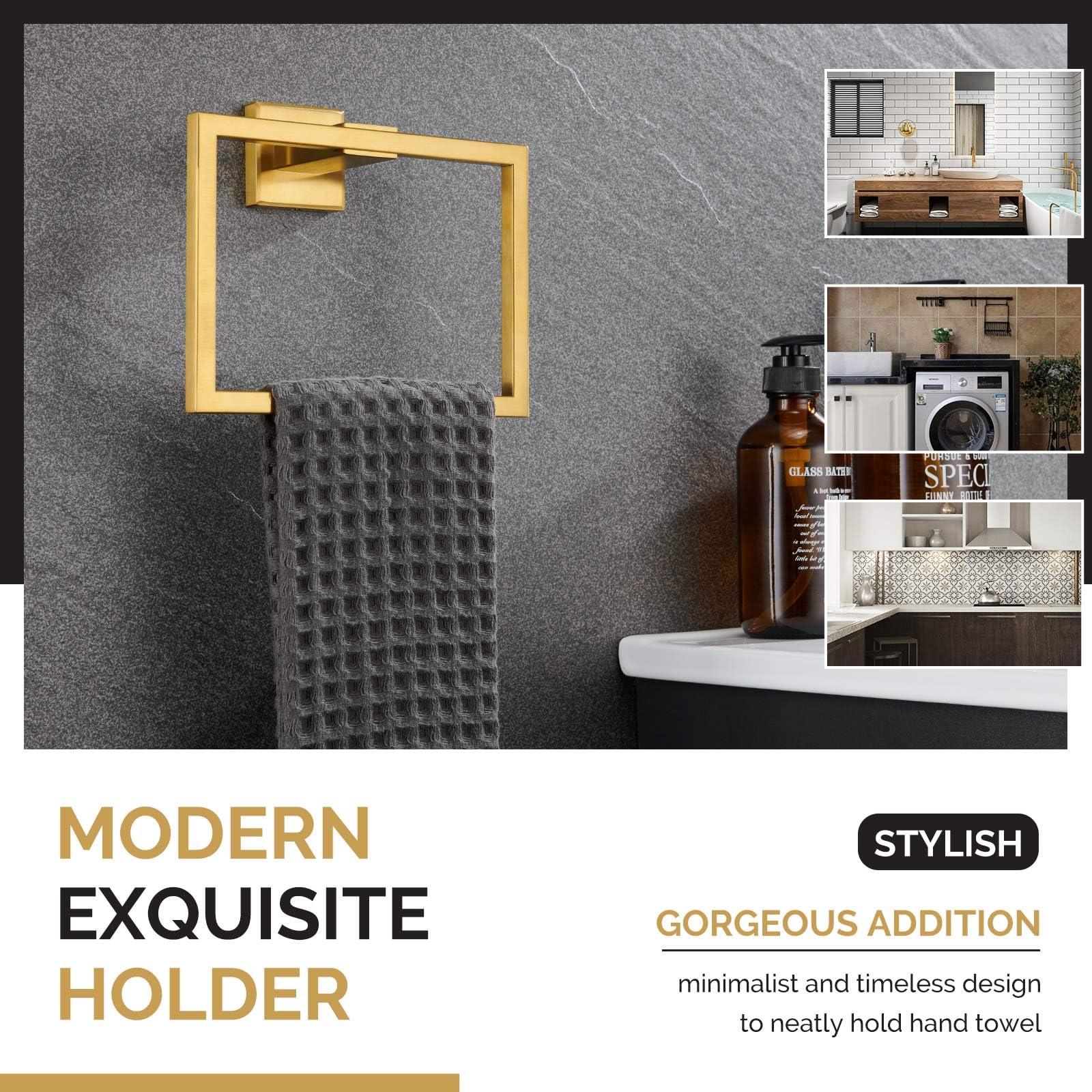 Angle Simple Towel Ring, Sus 304 Stainless Steel Square Bathroom Hand Towel Holder For Wall, Brushed Gold