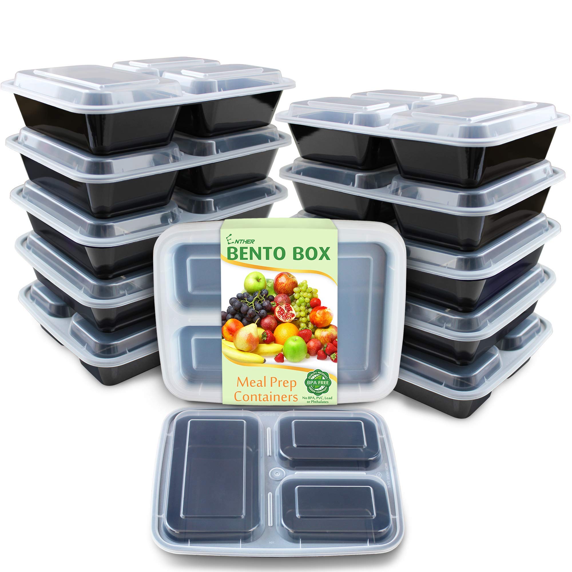 Enther Meal Prep Containers [12 Pack] 3 Compartment With Lids, Food Storage Bento Box | Bpa Free | Stackable | Reusable Lunch Bo