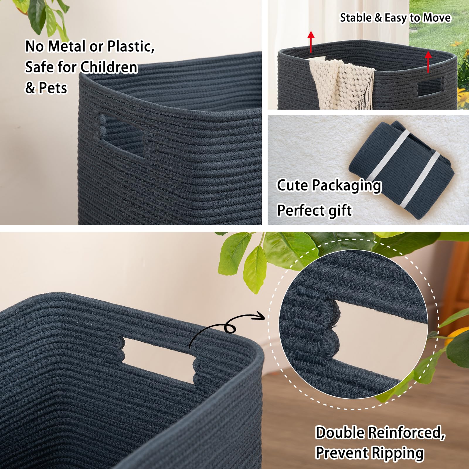 Oiahomy Laundry Hamper, Rectangle Cotton Laundry Basket With Handles, Large Blanket Basket For Living Room, Woven Decorative Sto