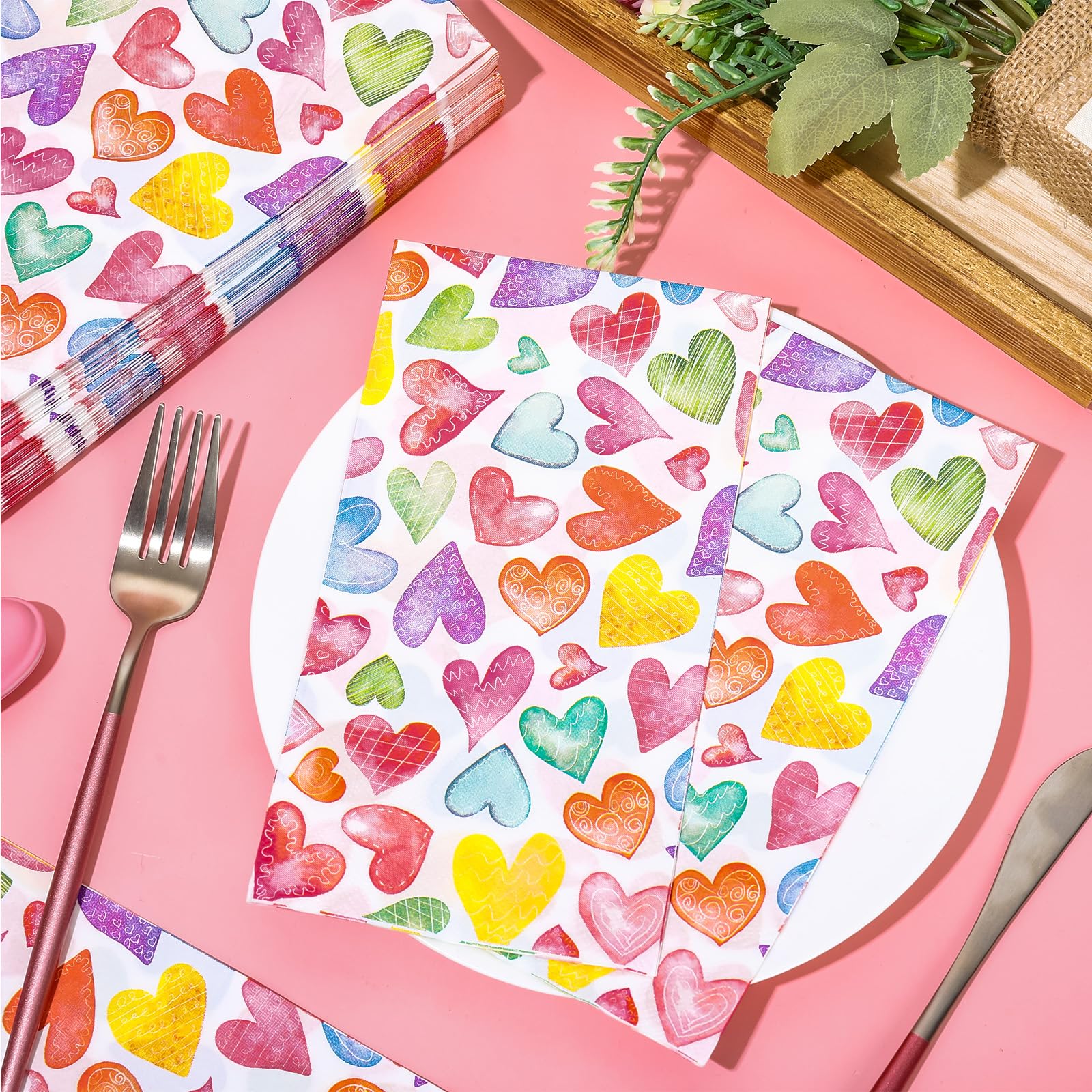 Jarthenaamcs 50Pcs Valentine'S Day Guest Napkins Colorful Love Heart Disposable Napkins Watercolor Dinner Hand Towel Paper Napki