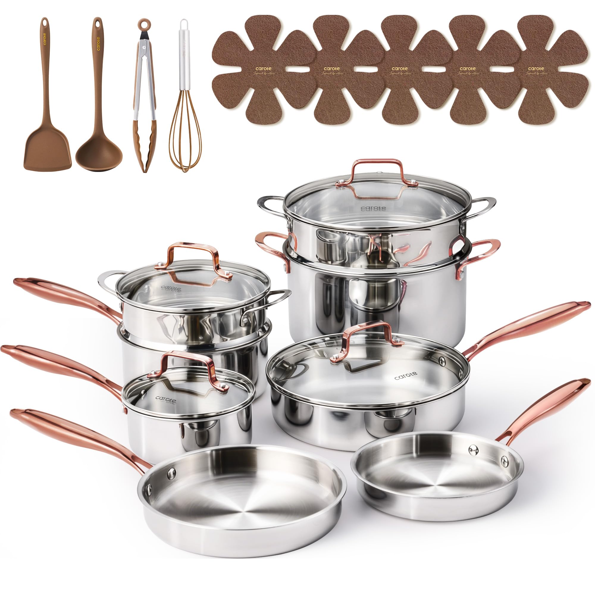 CAROTE 21pcs TriPly Stainless Steel Cookware Set, Pots and Pans Set, Non Toxic Induction Kitchen Cooking Sets, Gold