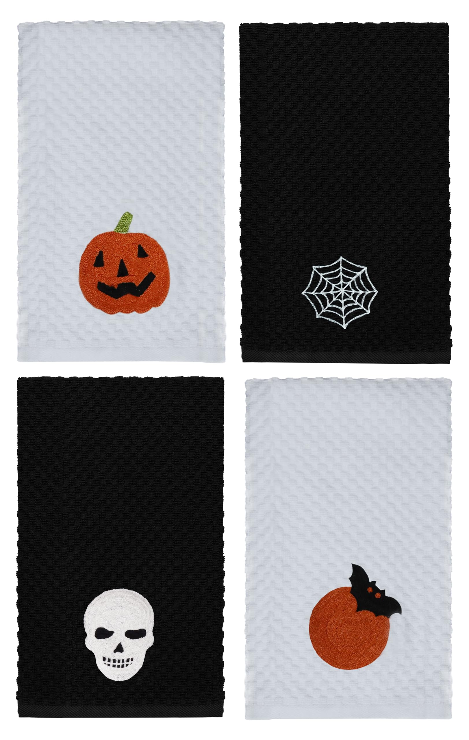 COTTON CRAFT Halloween Kitchen Towels - 4 Pack Spooky Skull Web Bats Jack OLantern Embroidered Terry Towel - 100% Cotton Waffle