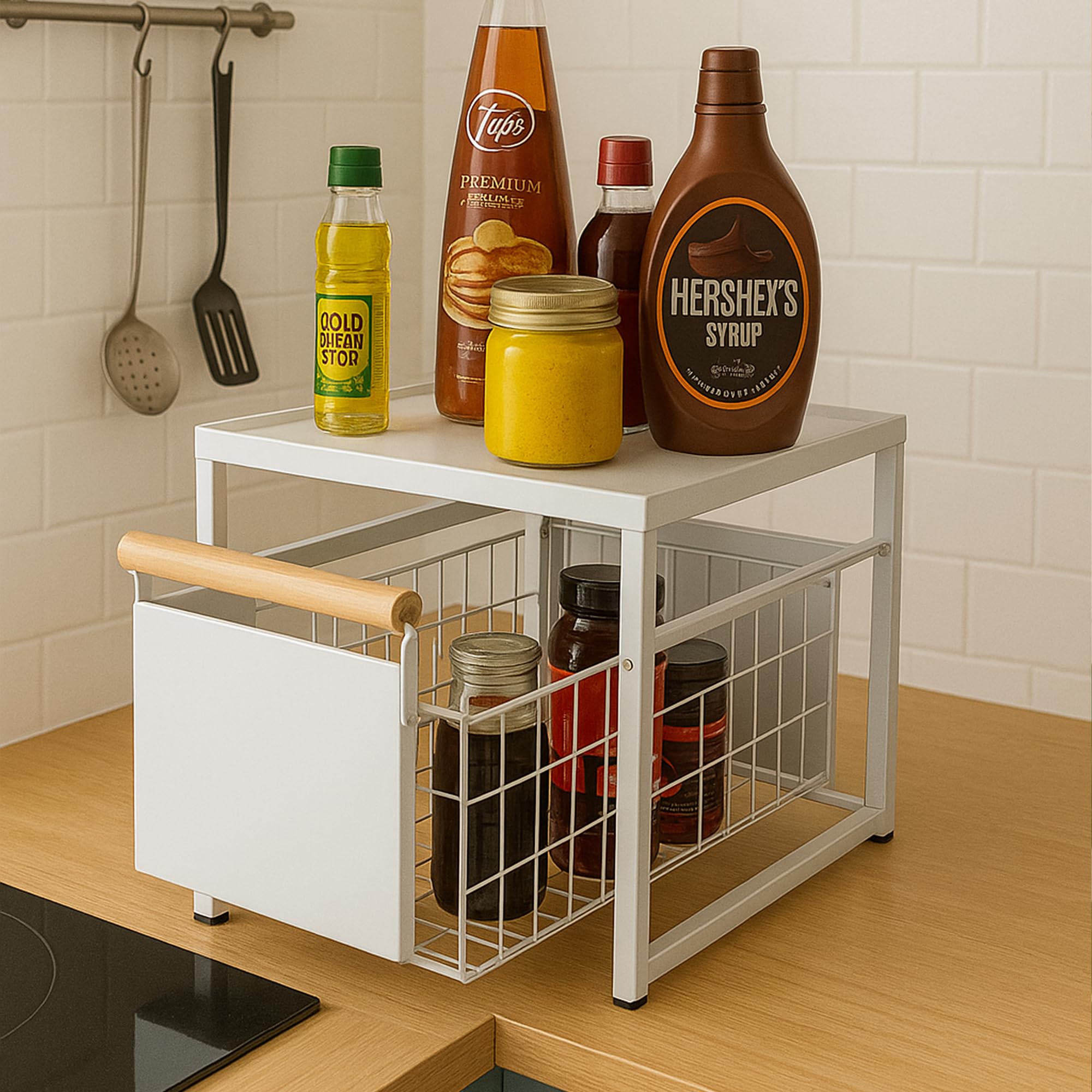 ARHAT ORGANIZERS PullOut Kitchen Counter Storage Rack with Wooden Handle