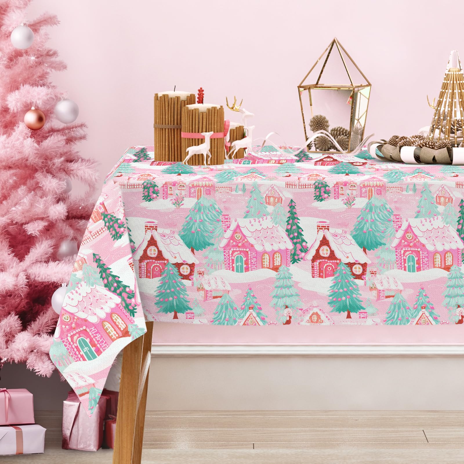 JarThenaAMCS Christmas Tablecloth Pink Gingerbread House Xmas Tree Fabric Table Cloth Washable Table Cover for Party Home Kitche