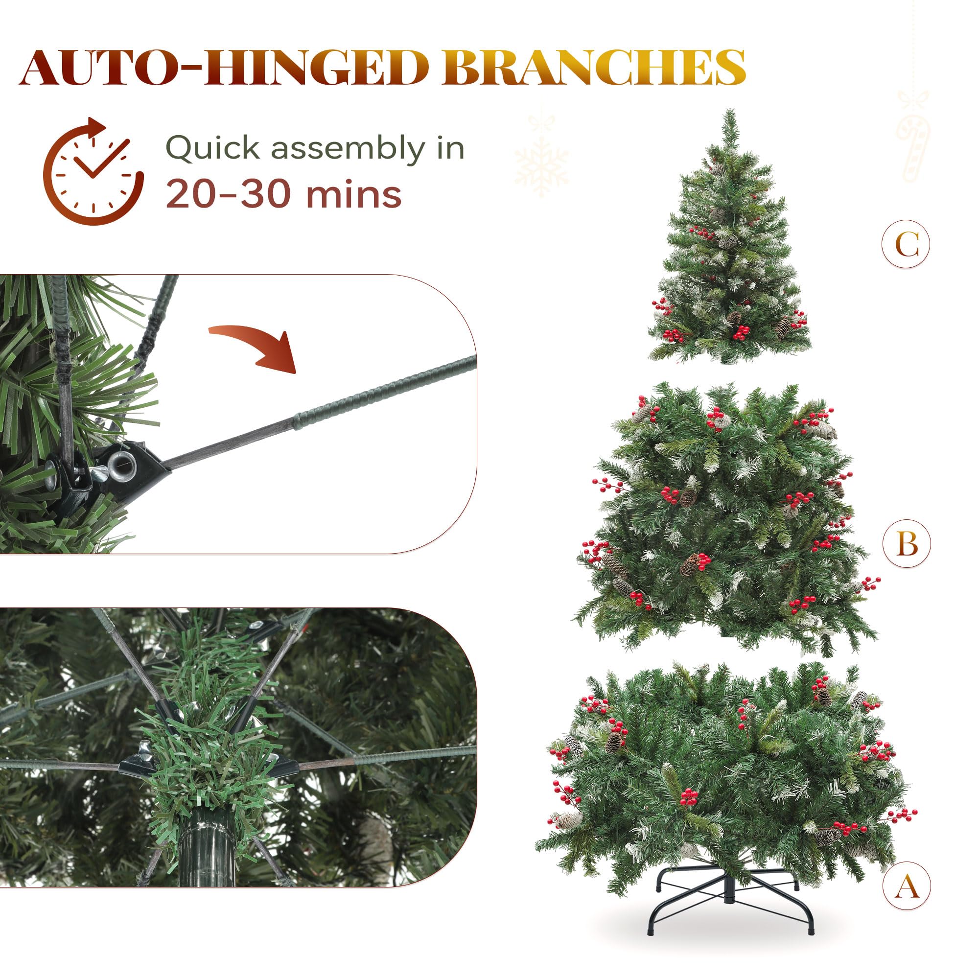 YITAHOME Prelit Pre-Decorated Pine Christmas Tree 7.5FT with Remote, Artificial Hinged Xmas Tree w/ 1398 Flocked Frosted Tips, 5