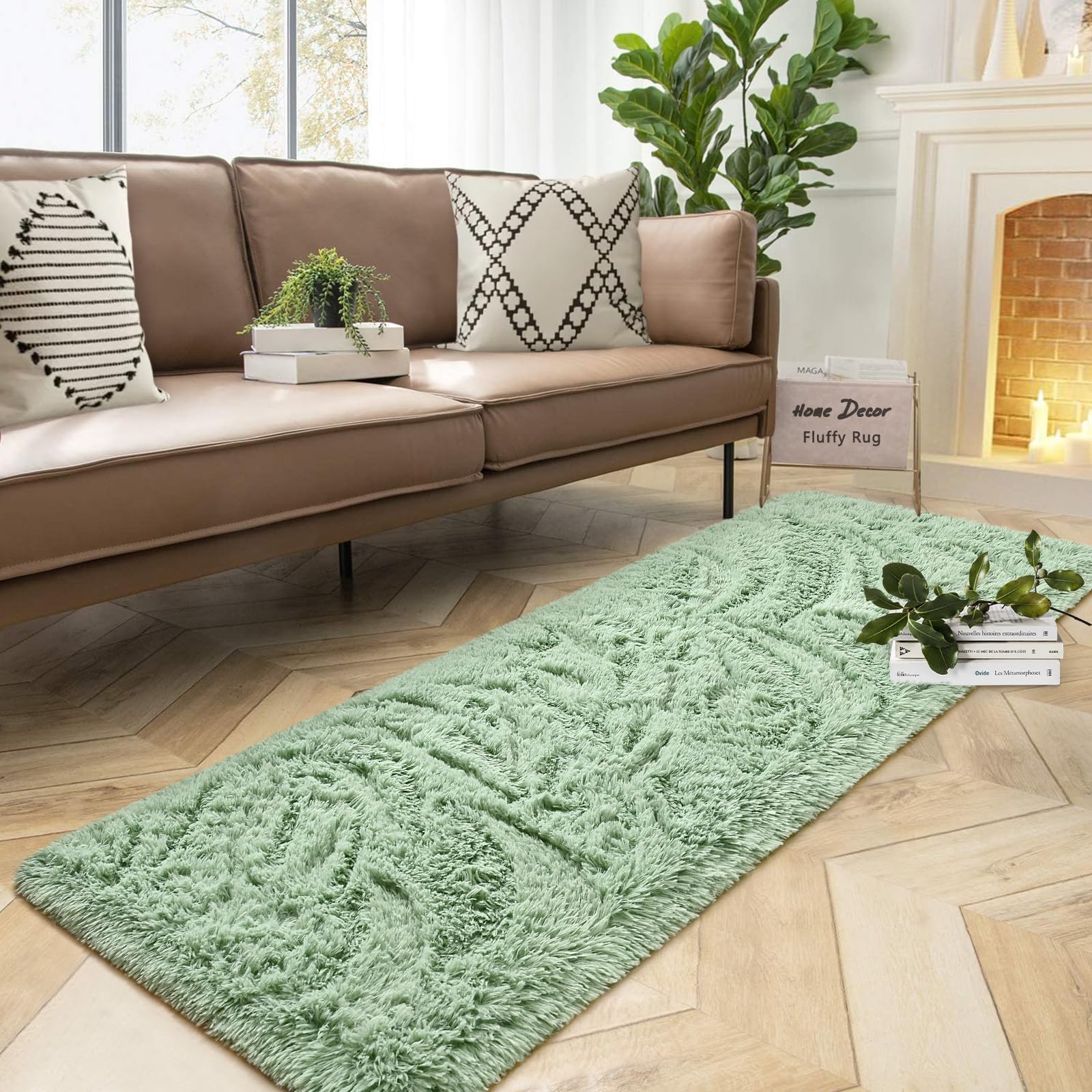 DweIke Soft Bedside Rug for Bedroom, 2x6 ft Plush Fluffy Carpets, Green Living Room Rugs for Girls Kids Room Nursery Home Decor,