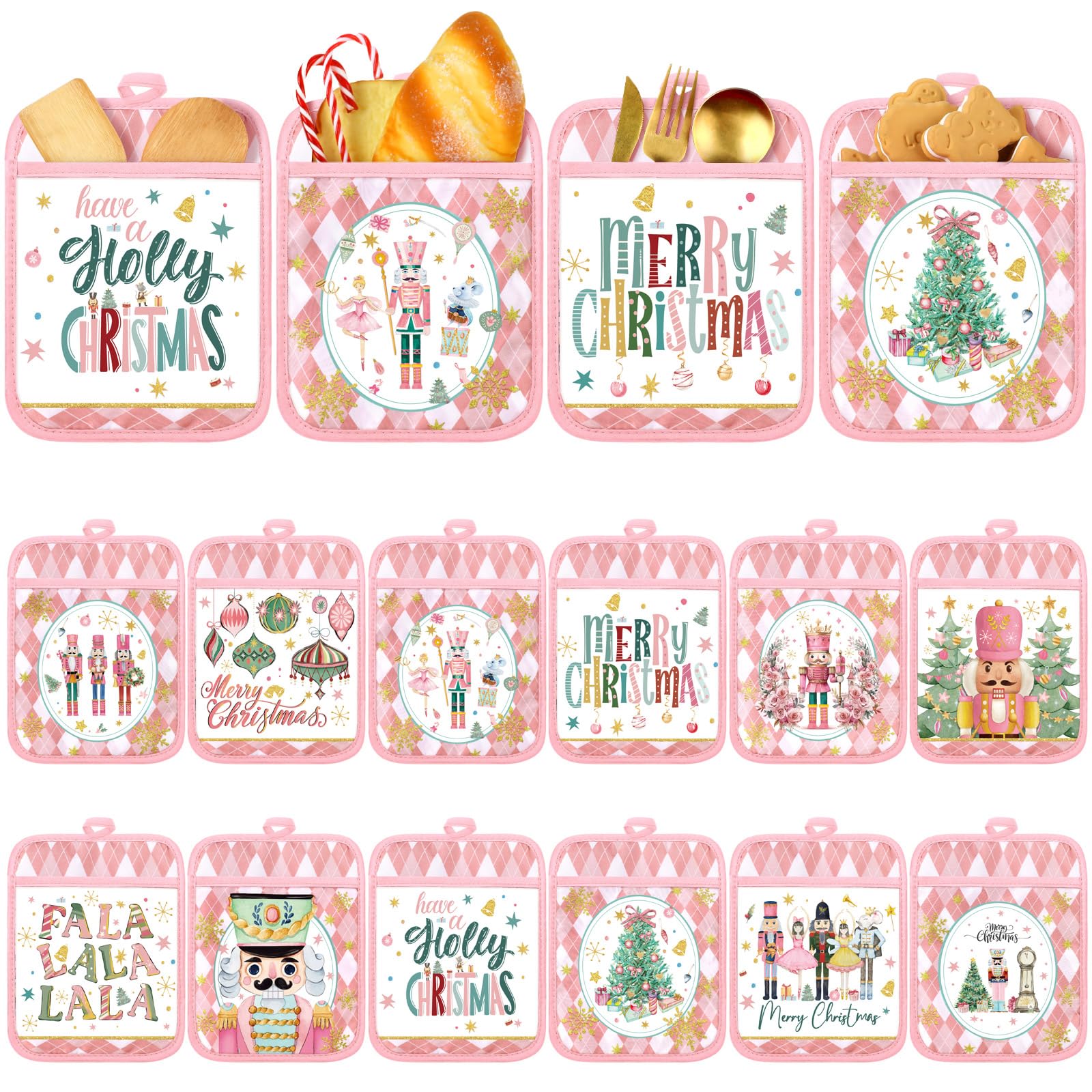 Jingmore 12 Pcs Christmas Pot Holders with Pocket Pink Nutcrackers Pot Holders for Kitchen Xmas Tree Hot Pads and Oven Mitts Pot