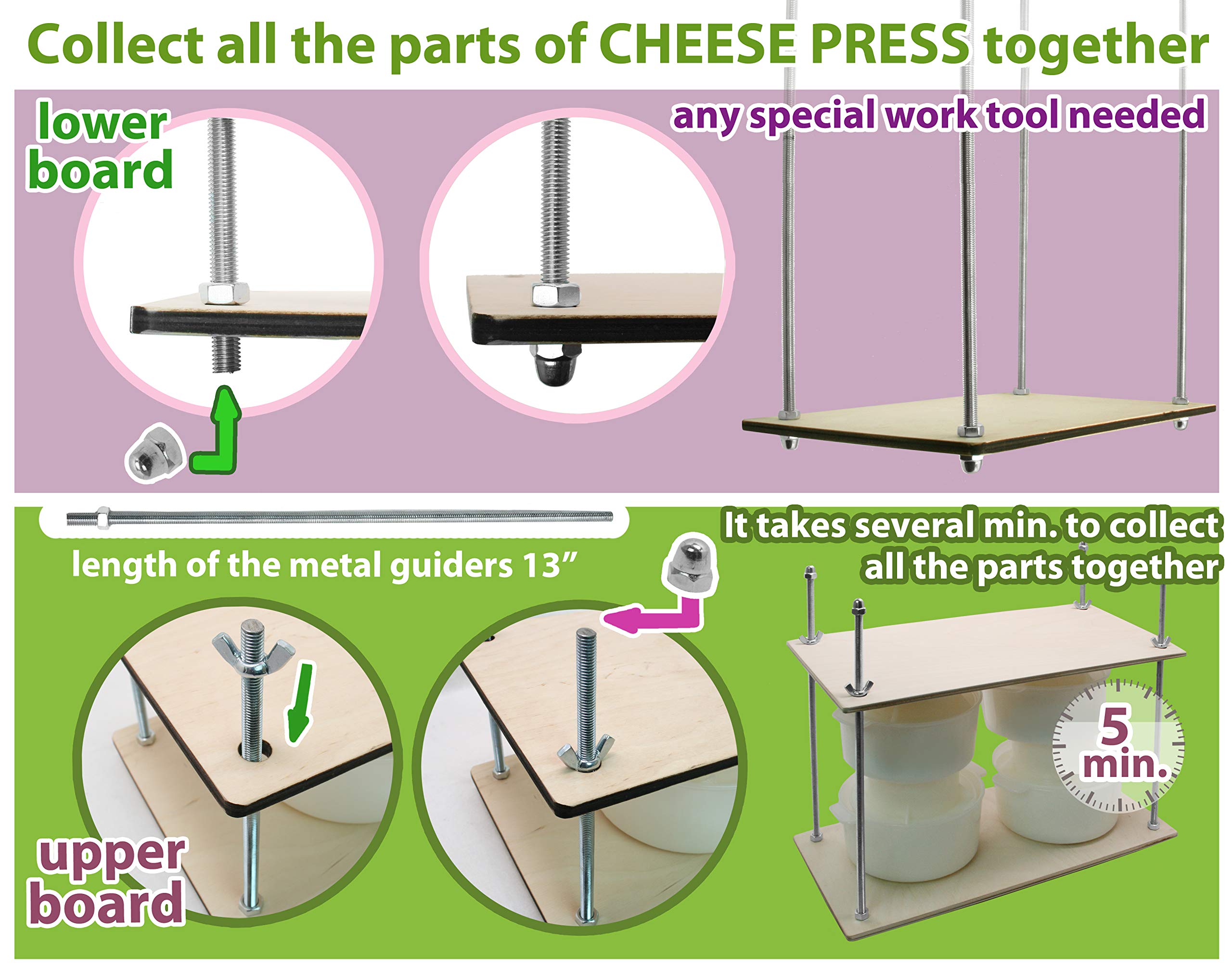 Petristor Wooden Cheese Press For Cheese Making Supplies 16In Metal Guides 13In And 4 Cheese Mold With Follower Piston 1.3Qt - L