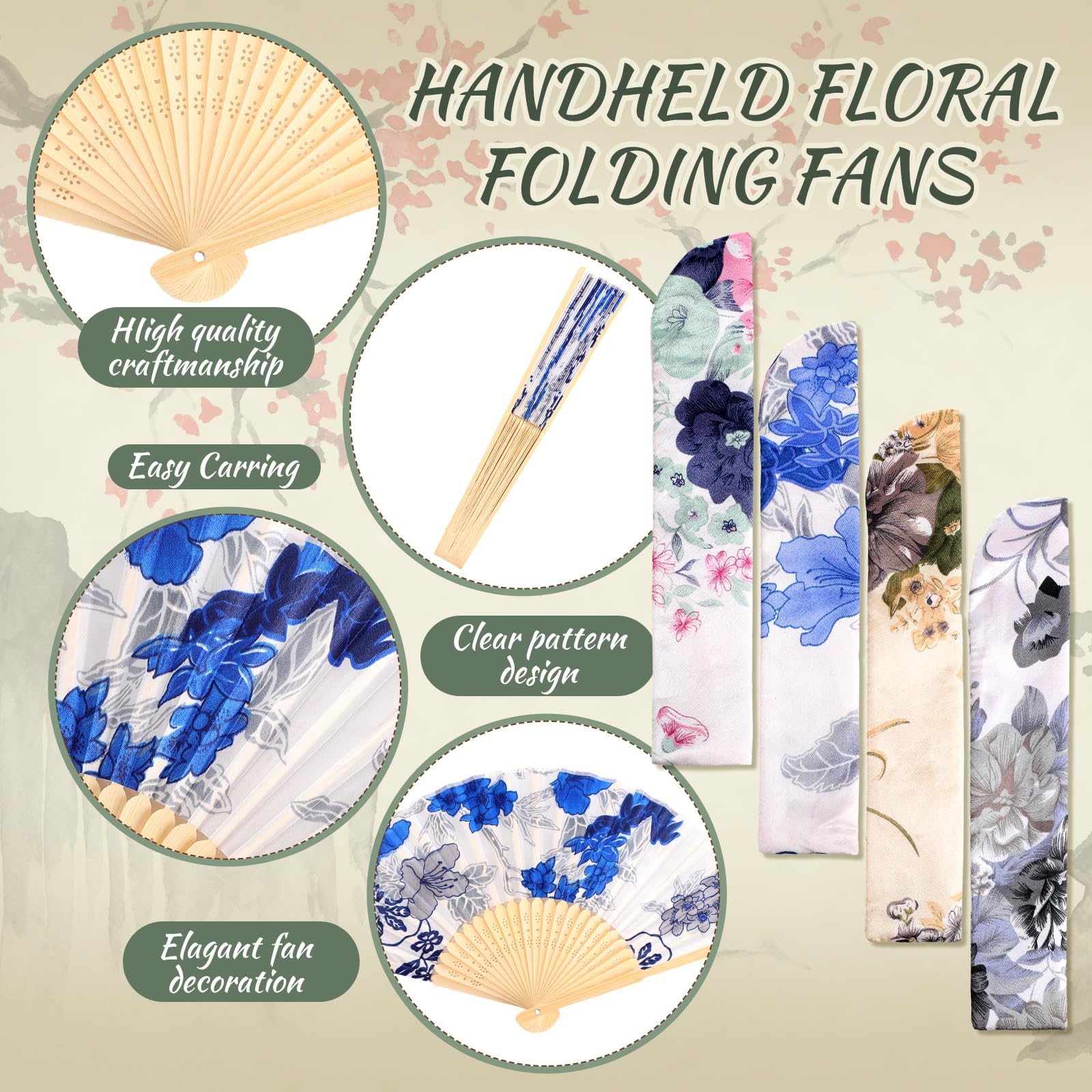 Zonon 4 Pack Handheld Floral Folding Fans Hand Held Silk Bamboo Fans with Tassel Women Hollowed Hand Foldable Fan with Fabric Sl