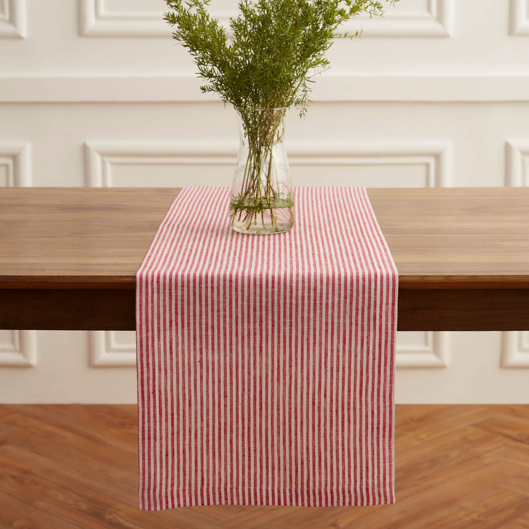 Solino Home Stripe Linen Table Runner 90 Inches Long - 100% Pure Linen Red and White Dining Table Runner 14 x 90 Inch Ideal for 