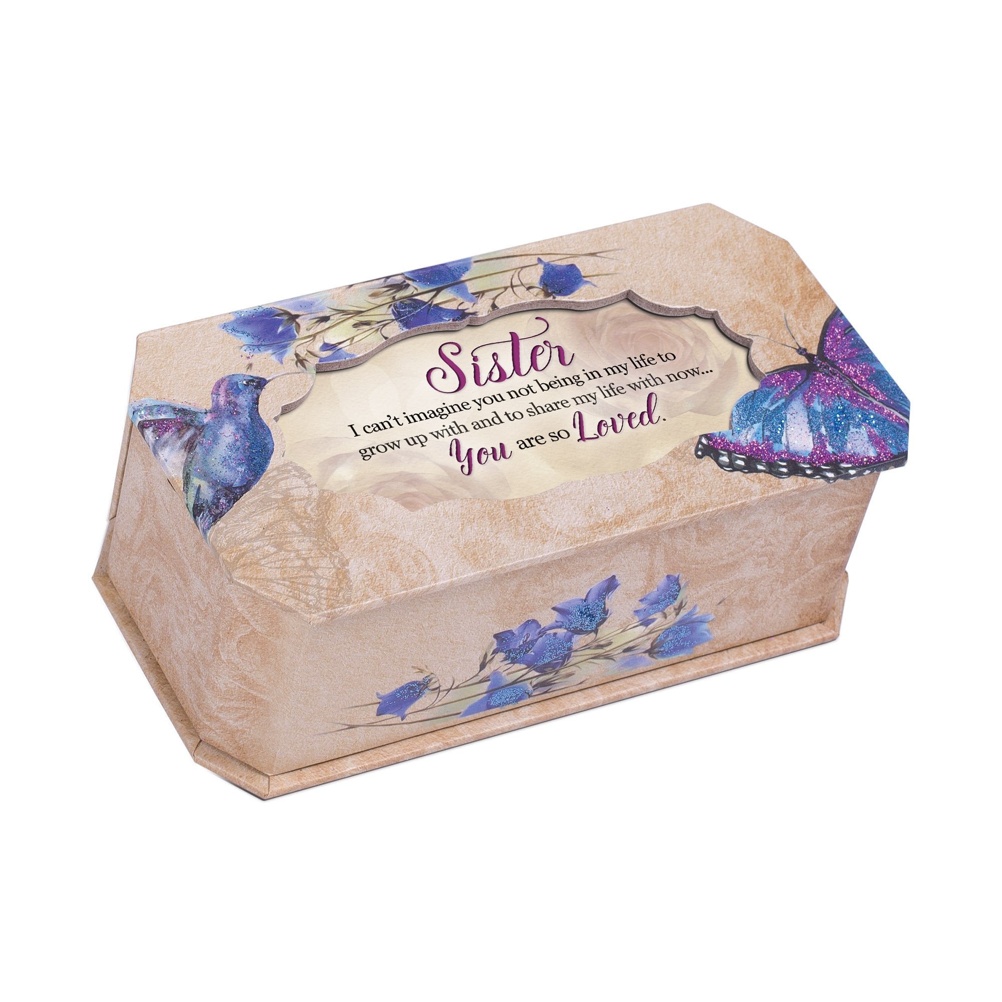 Cottage Garden Sister You are Loved Butterfly and Bird Glitter Musical Box Plays Tune Light Up My Life
