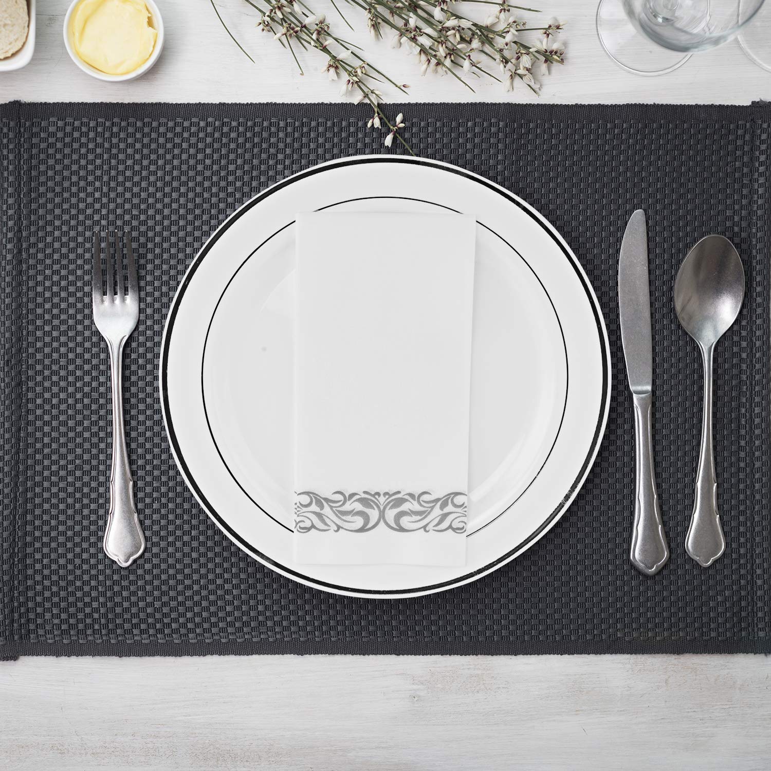 [100 Pack] Disposable Bathroom Napkins  Single-Use Guest Towels  Soft and Absorbent Linen-Feel Paper Hand Towels for Kitchen  Parties  Weddings  Dinners or Events  Silver