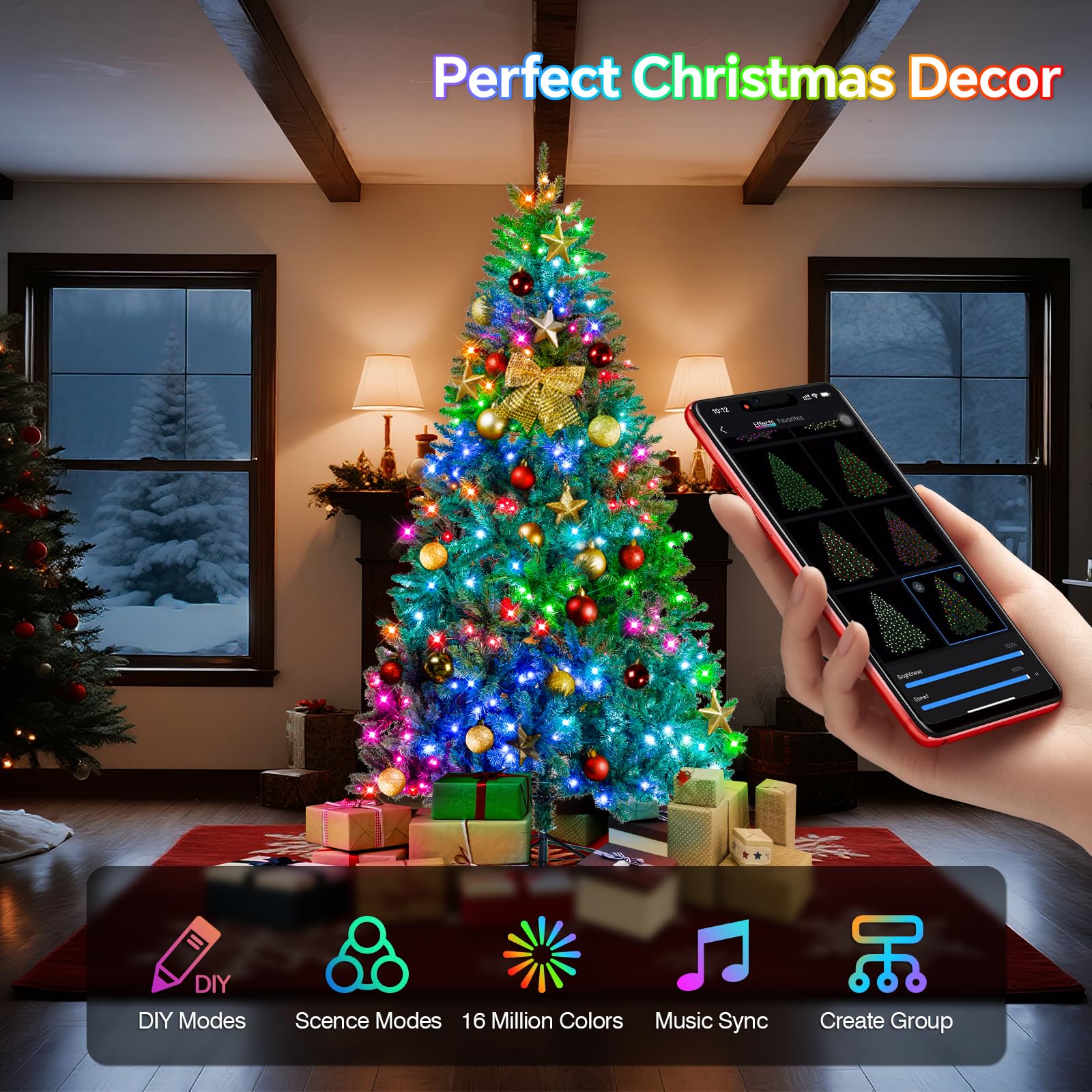 HOLILLUMA 7.5FT Pre-lit Christmas Tree, RGB Color Changing Smart Artificial Christmas Tree with Lights, 1477 PVC Branch Tips, Ap