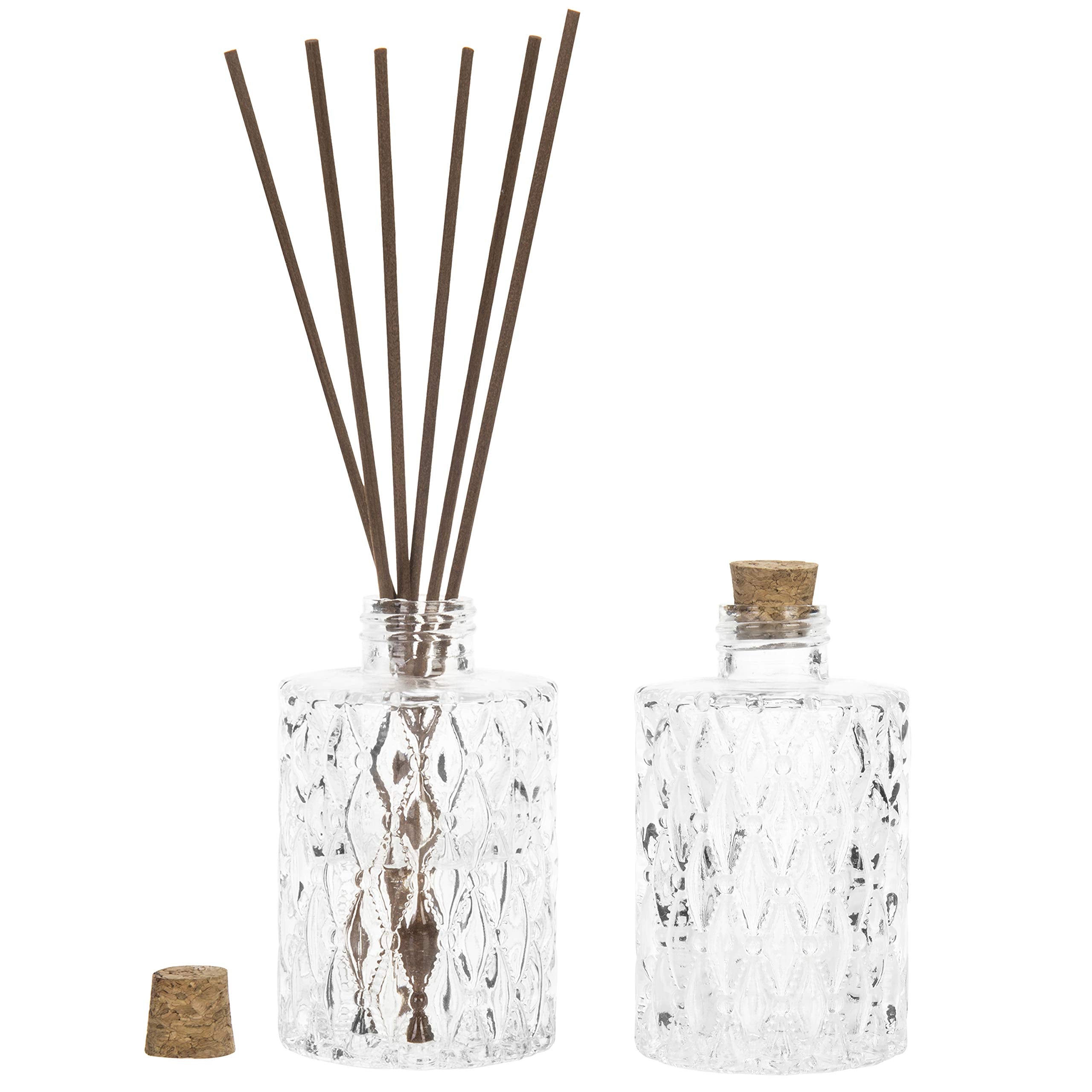 MyGift Small Clear Glass Reed Diffuser Bottles, Vintage Embossed Apothecary Style Flower Bud Vases with Cork Lids, Set of 2