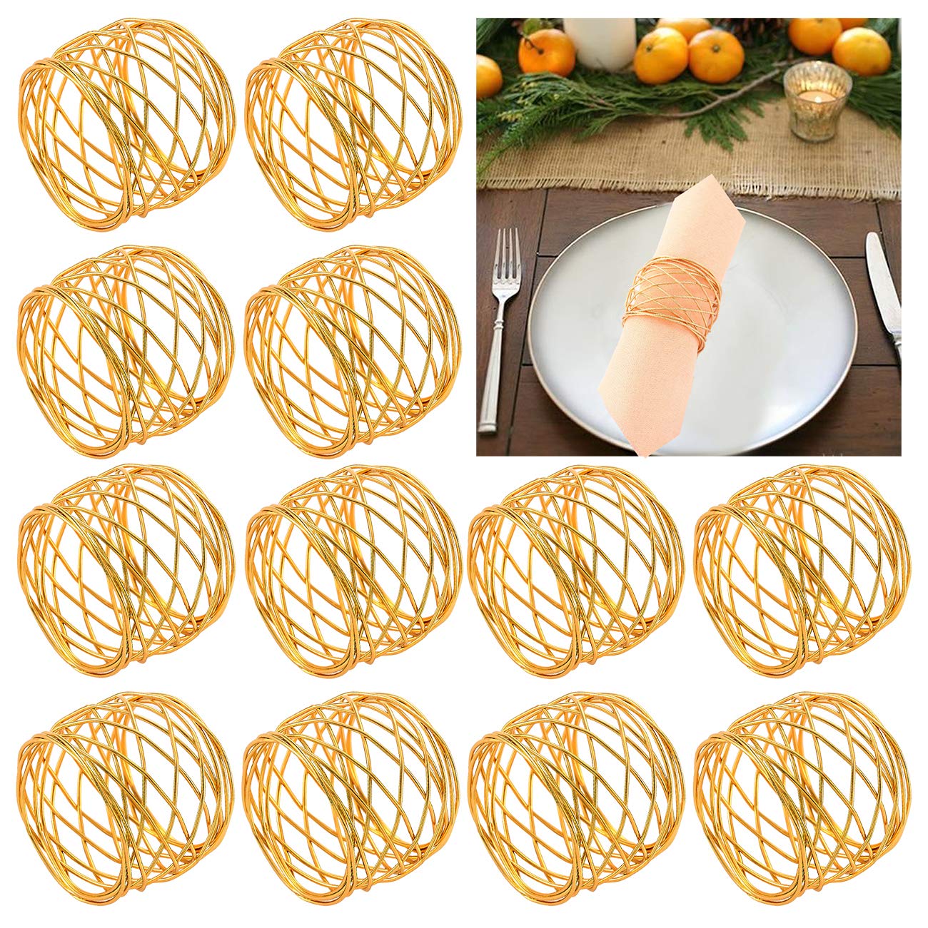 Cealxheny Napkin Rings Set Of 12, Gold Metal Mesh Napkin Holder For Holiday Thanksgiving Party Wedding Banquet Christmas Circle
