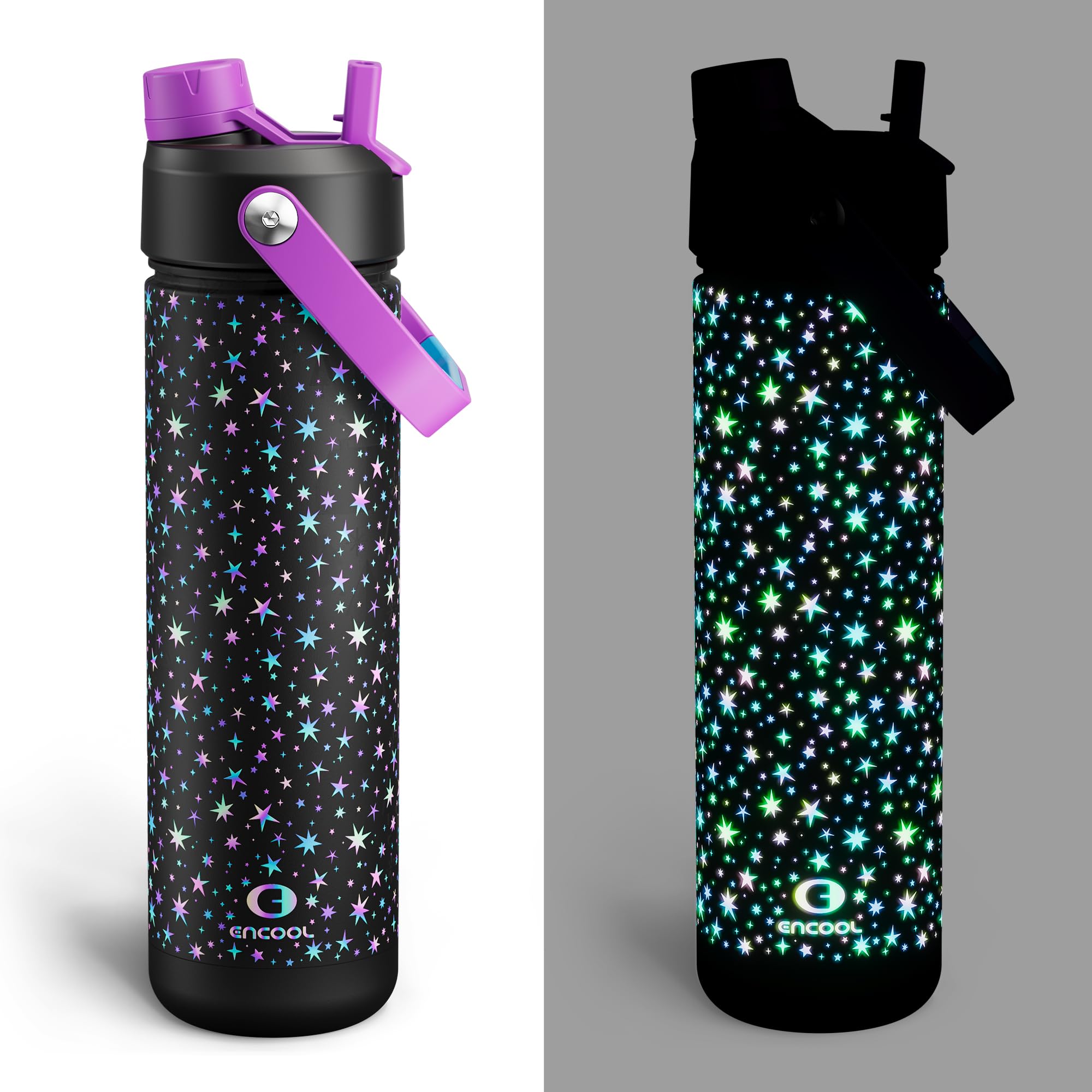 ENCOOL Insulated Water Bottle with Straw Stainless Steel Water Bottle, Glow in the Dark, Leak-Proof, BPA-Free, Keeps Cold for 24