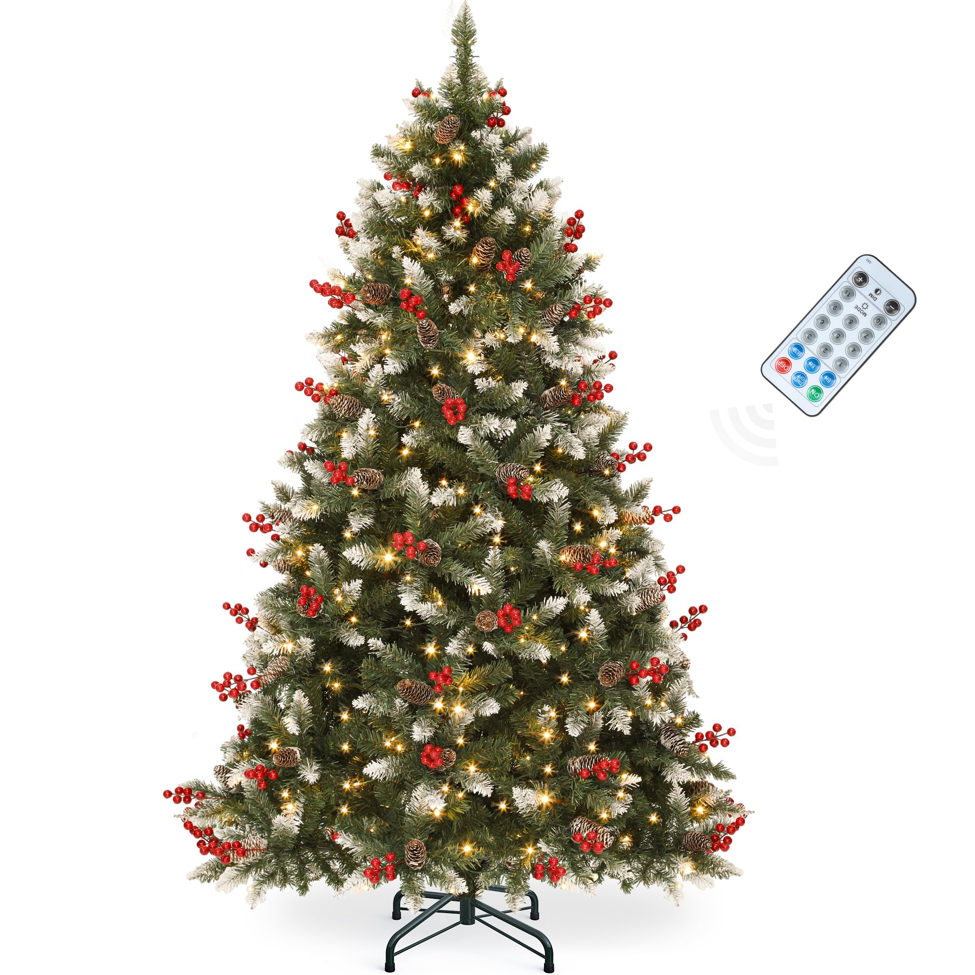 YITAHOME Prelit Pre-Decorated Pine Christmas Tree 7.5FT with Remote, Artificial Hinged Xmas Tree w/ 1398 Flocked Frosted Tips, 5