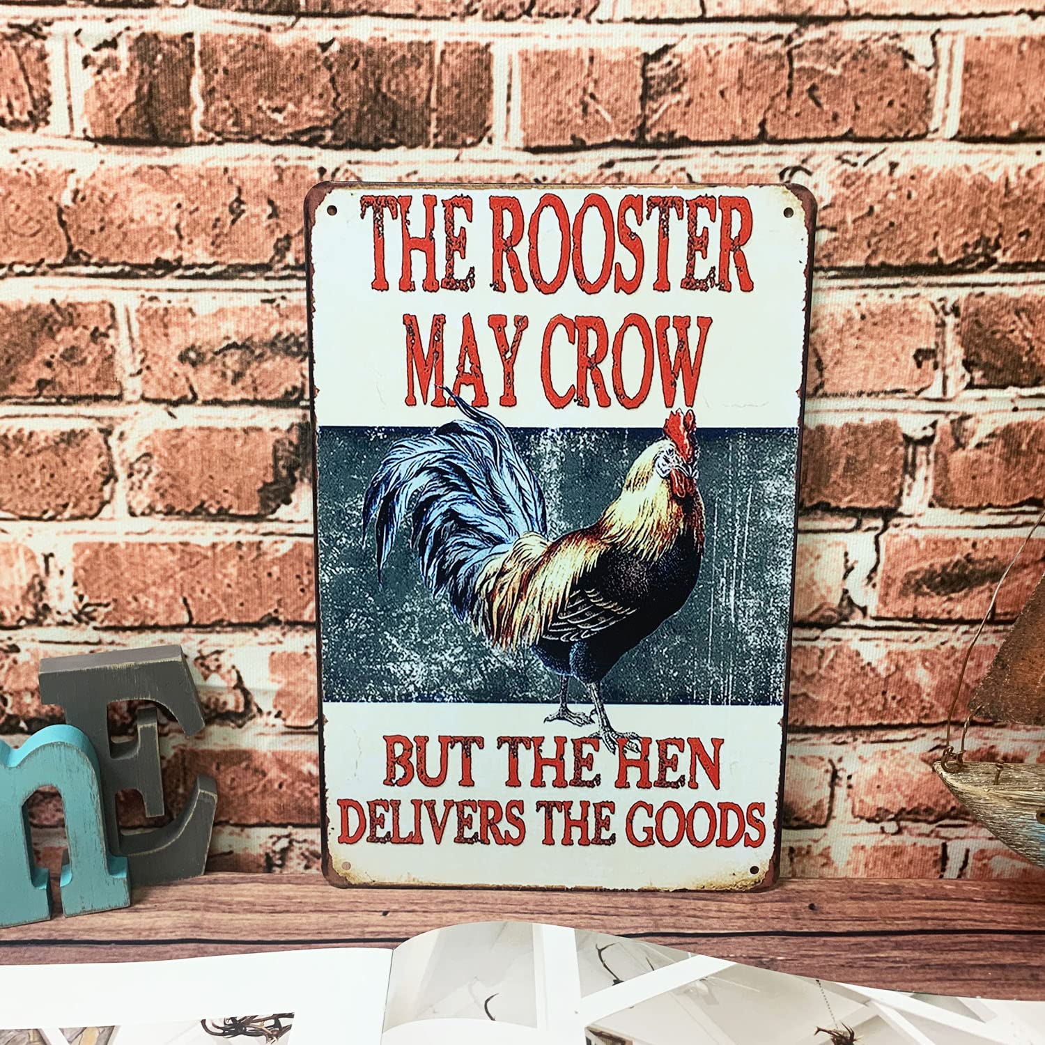 Grace Home Rustic Metal Retro Tin Plaque The Rooster May Crow But The Hen Delivers The Goods Wall Decor Funny Retro Poster Tin S