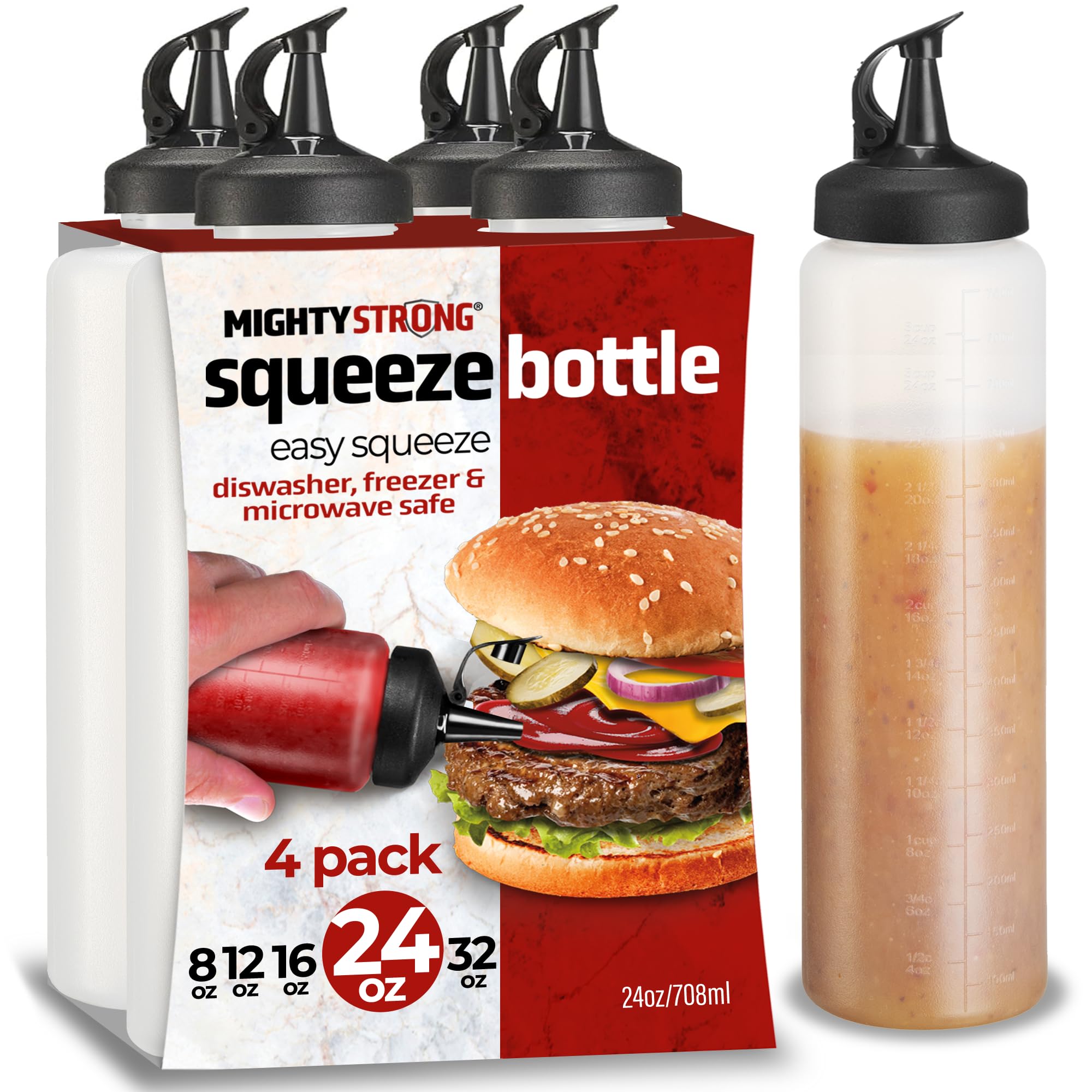 MIGHTY STRONG 4 Pack Condiment Squeeze Bottles 24 Oz -Easy Pour Sauce Bottle With Leak Proof Snap Cap, Plastic Squeeze Bottles F